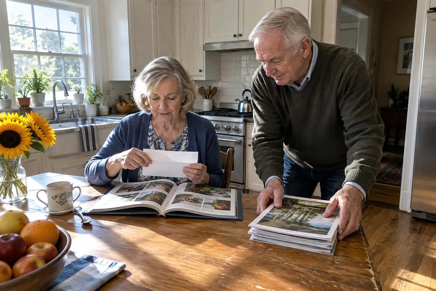 Older woman checking a catalog’s mailing details at her kitchen table.