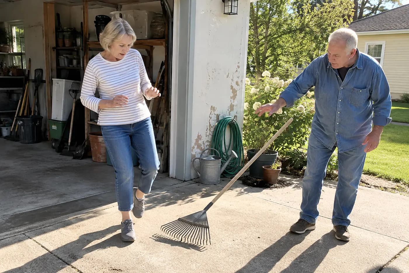 Older woman sorting garden tools beside a garage wall.