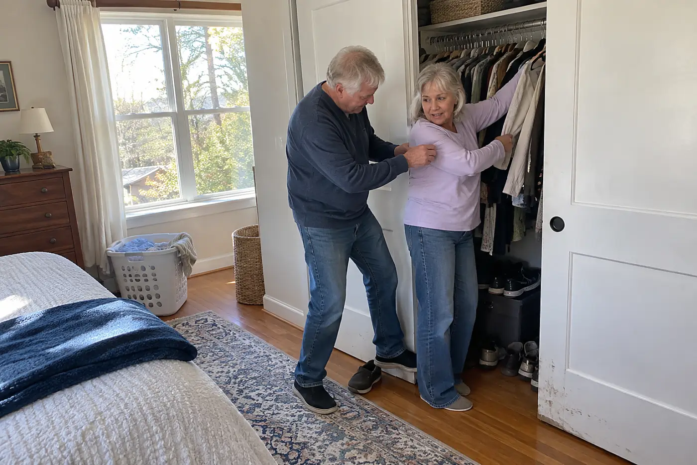 Older woman pulling hangers apart in a bedroom closet.