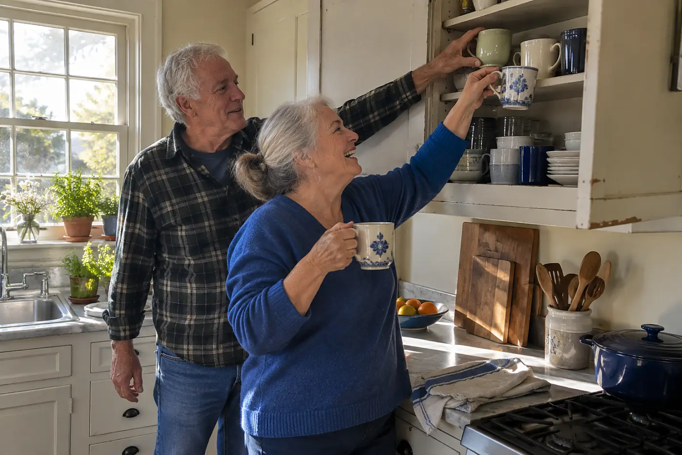 Older woman choosing mugs from a crowded kitchen cabinet.