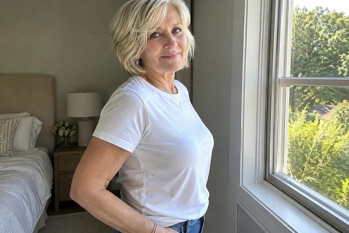 A cotton tee with a shaped hem is centered on a woman in her sixties standing side-on by a bedroom window in jeans.
