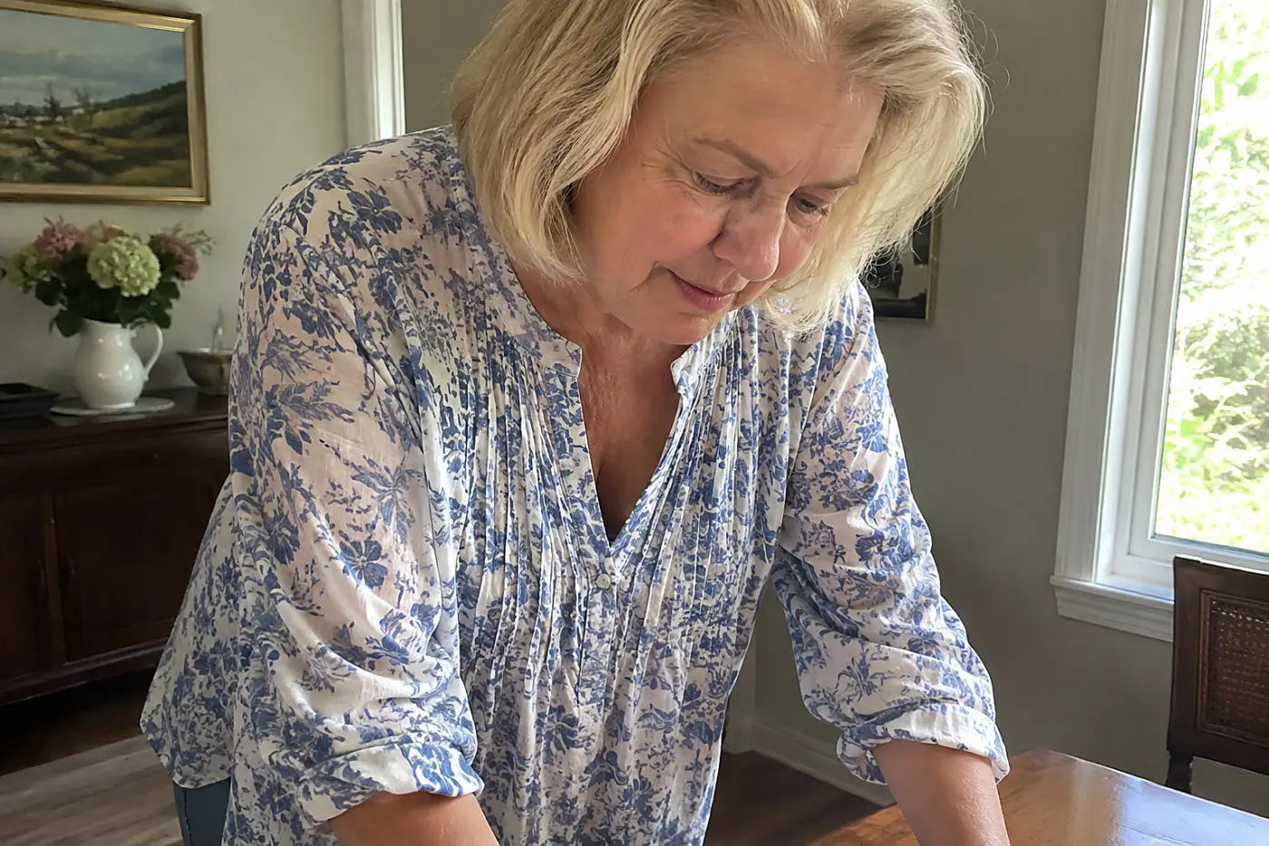 A blouse that clears the hips is centered on a woman in her sixties leaning forward over her dining table.
