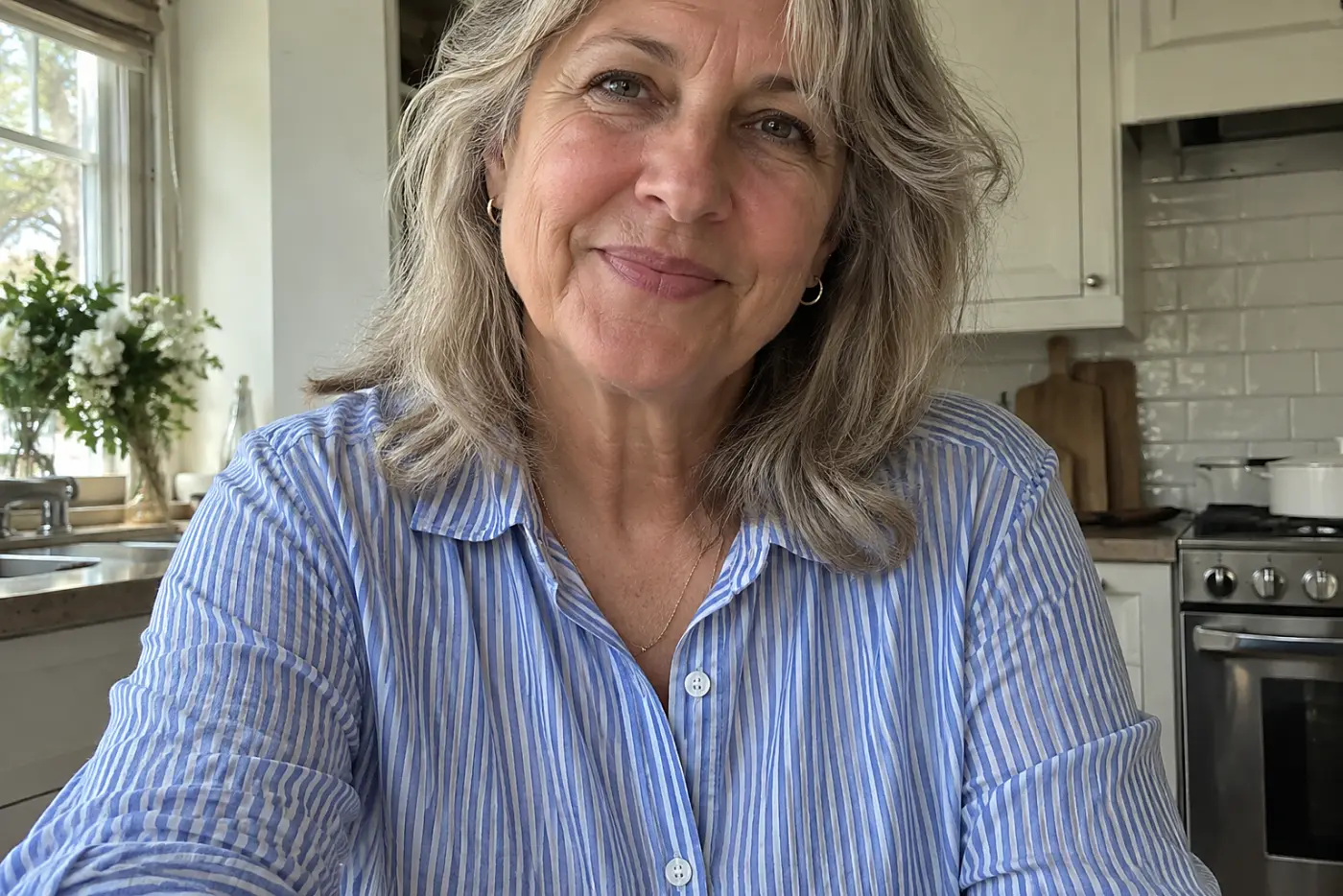 A button-front shirt with a hidden snap at the placket is centered on a woman over 50 seated at her kitchen table.