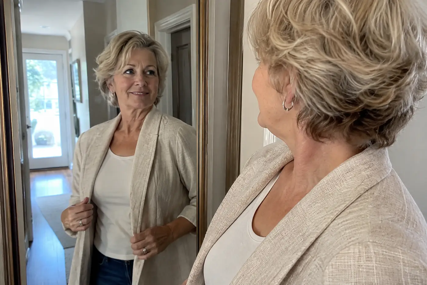 A jacket with open front edges is centered on a woman in her sixties standing by a hallway mirror, with both edges hanging straight.