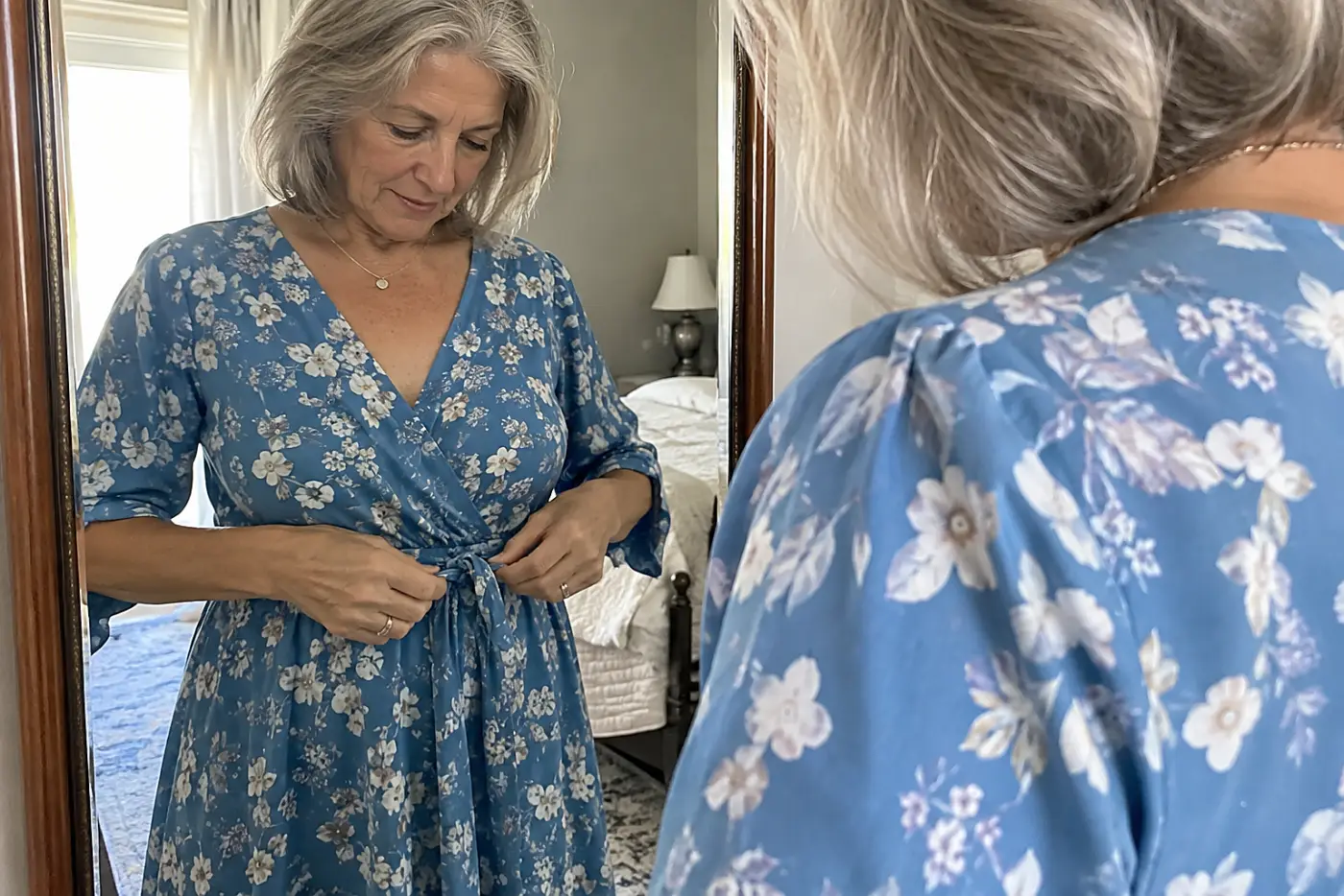 A dress with an adjustable tie is centered on a woman in her sixties fastening it at her waist beside a bedroom mirror.