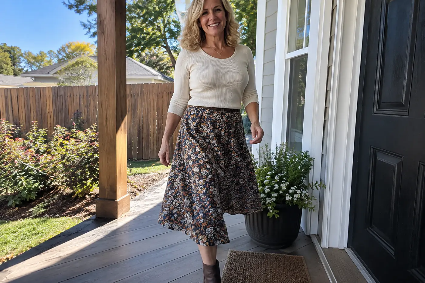 An A-line skirt below the knee is centered on a woman over 50 stepping onto her front porch in low boots.