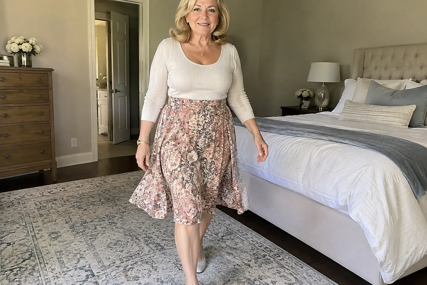 A skirt with a wide waistband is centered on a woman in her sixties walking across a bedroom rug.
