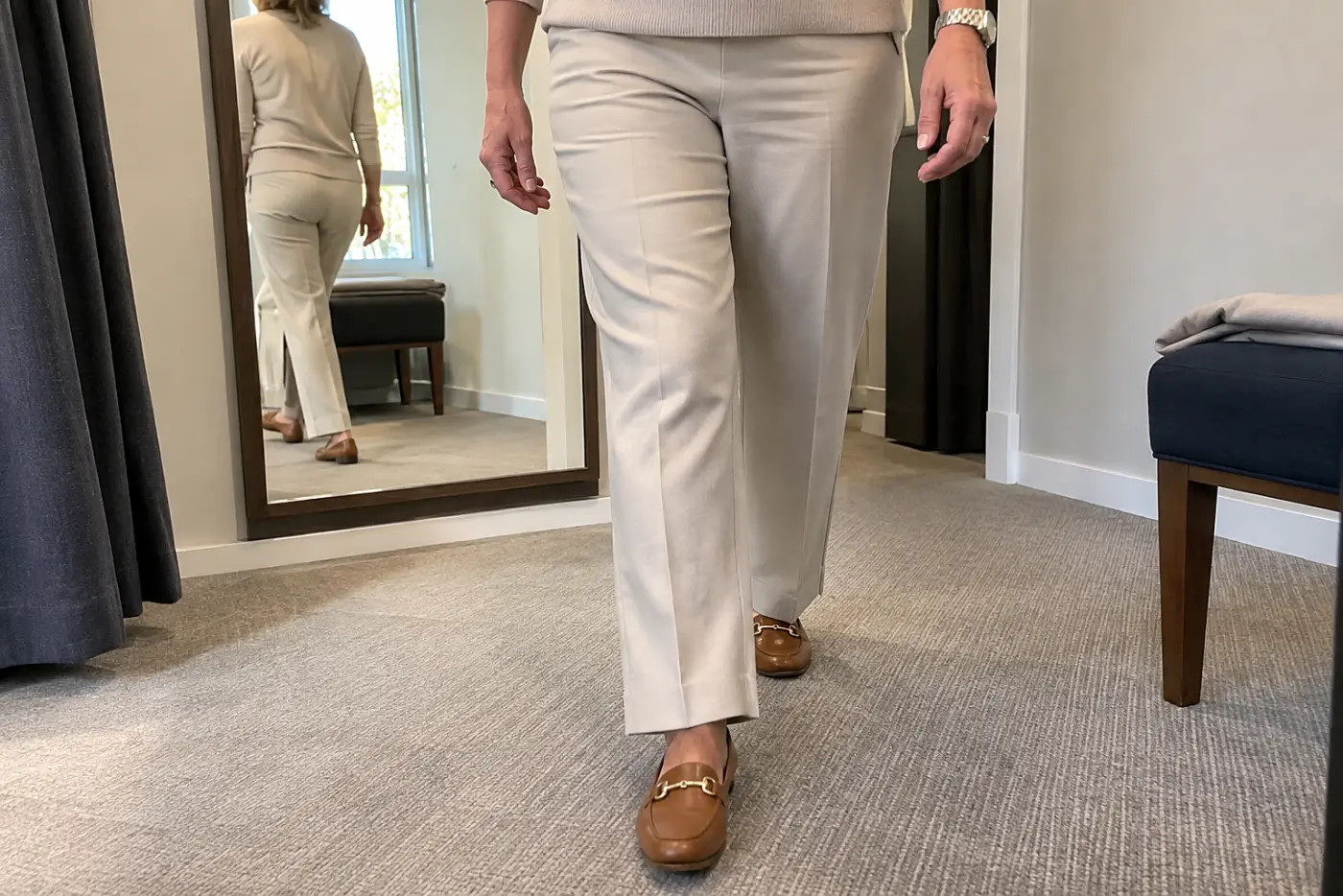 An altered pant hem is centered on a woman over 50 walking across a tailor's fitting room in her usual shoes.