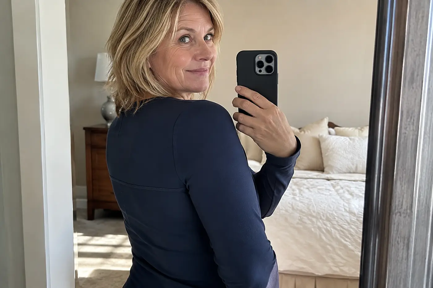 A bra with a level back band is centered on a woman over 50 checking its fit from the side in her bedroom mirror.