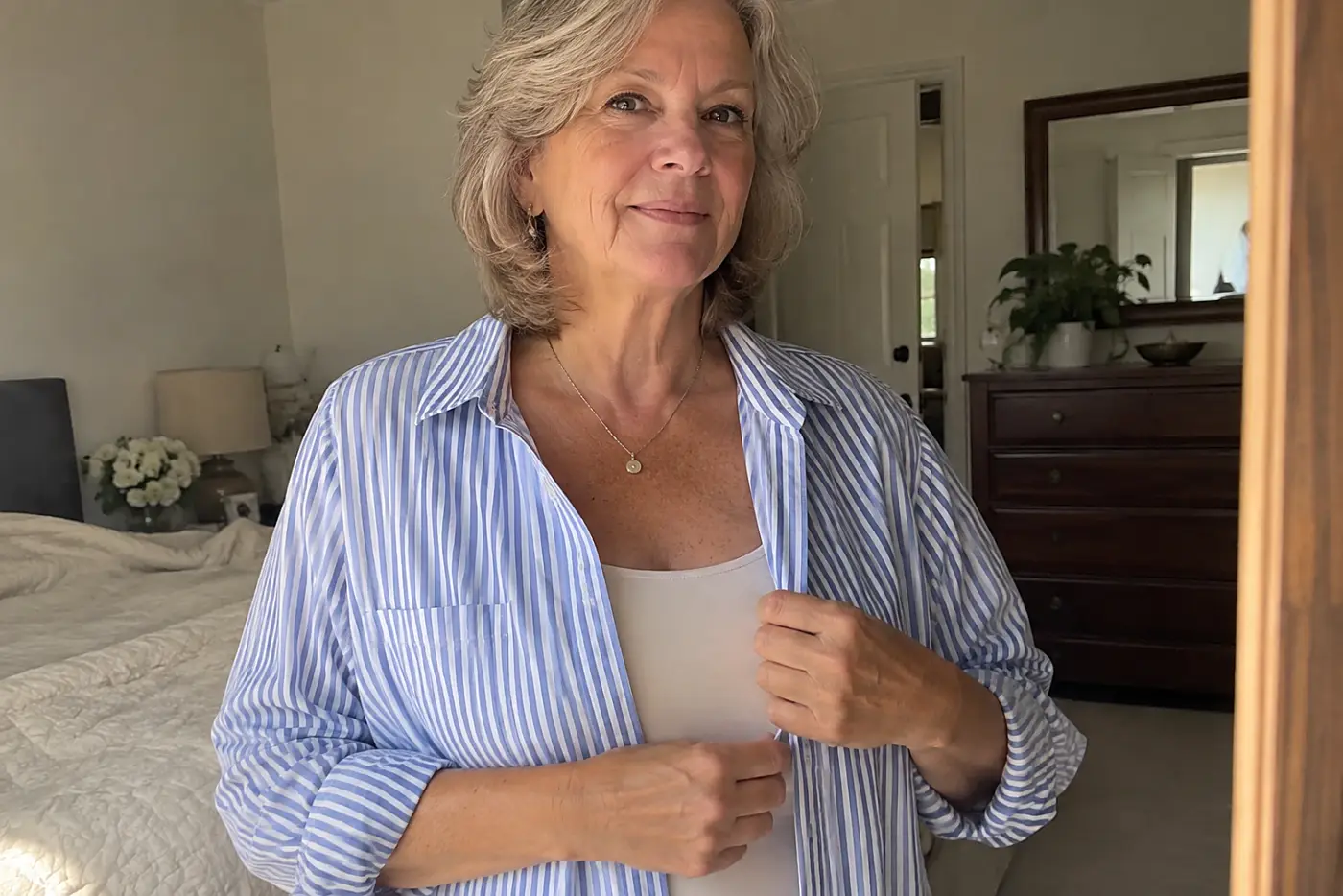 A smooth camisole beneath a shirt is centered on a woman in her sixties adjusting the open shirt at her bedroom mirror.