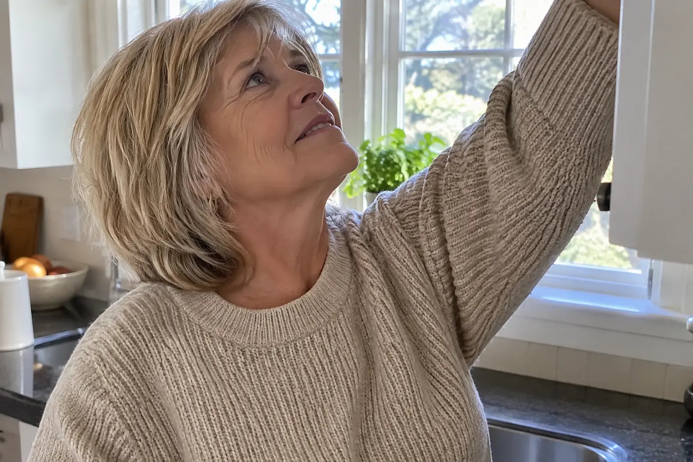 A sweater with firm ribbing is centered on a woman in her sixties reaching upward in her kitchen.
