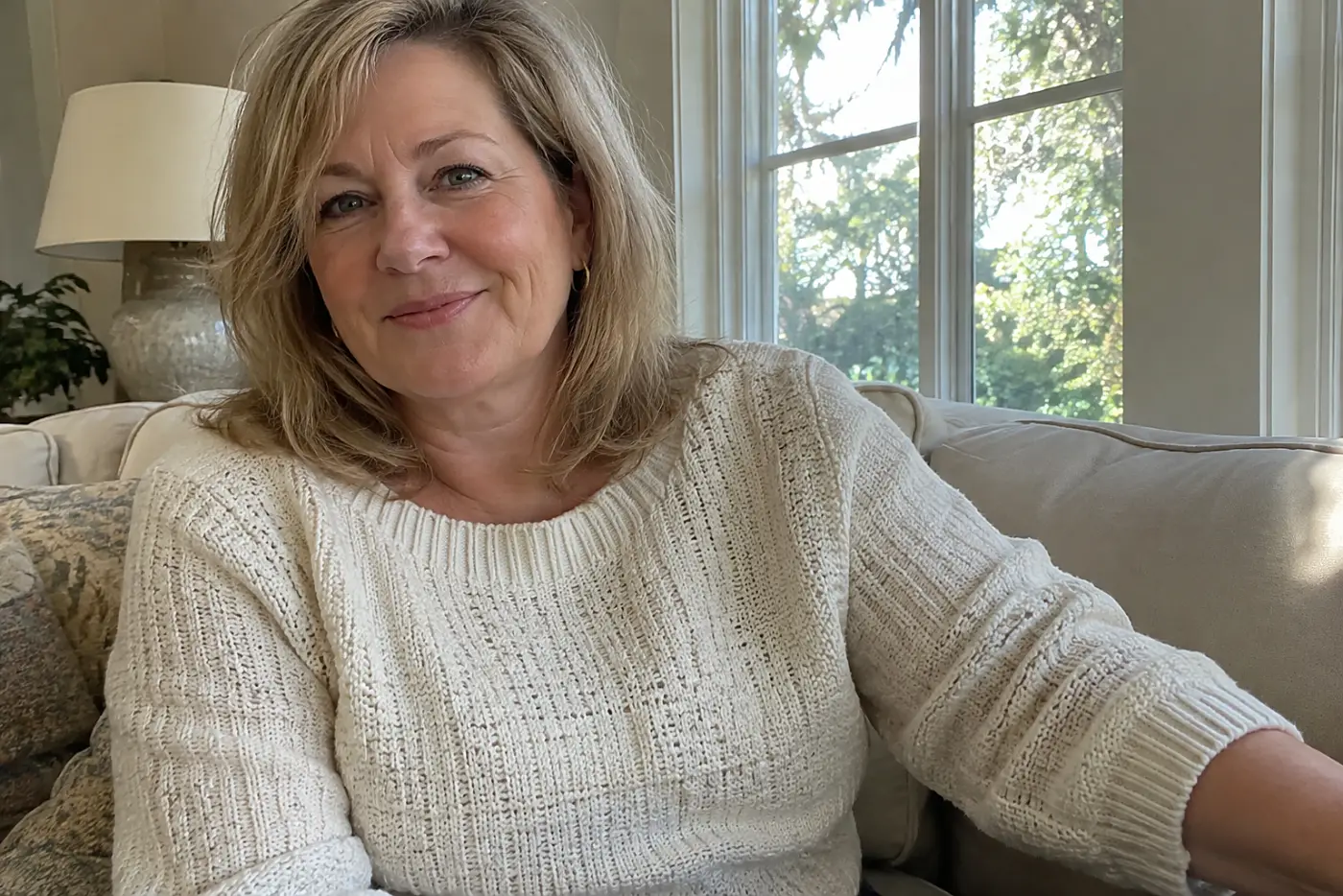 A knit top that skims the waist is centered on a woman over 50 sitting on her living-room sofa.