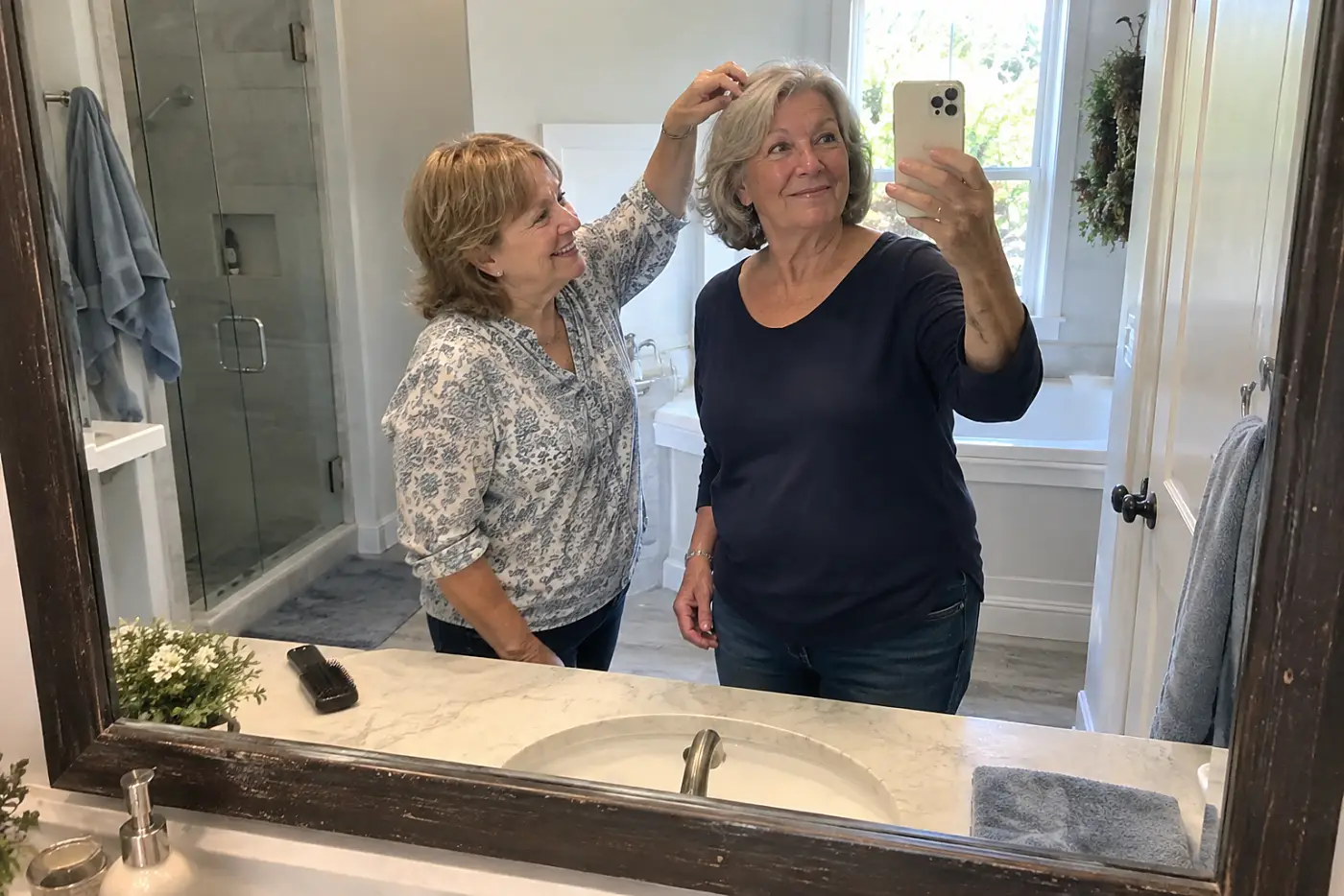 Older woman photographing her gray hair in a bathroom mirror.