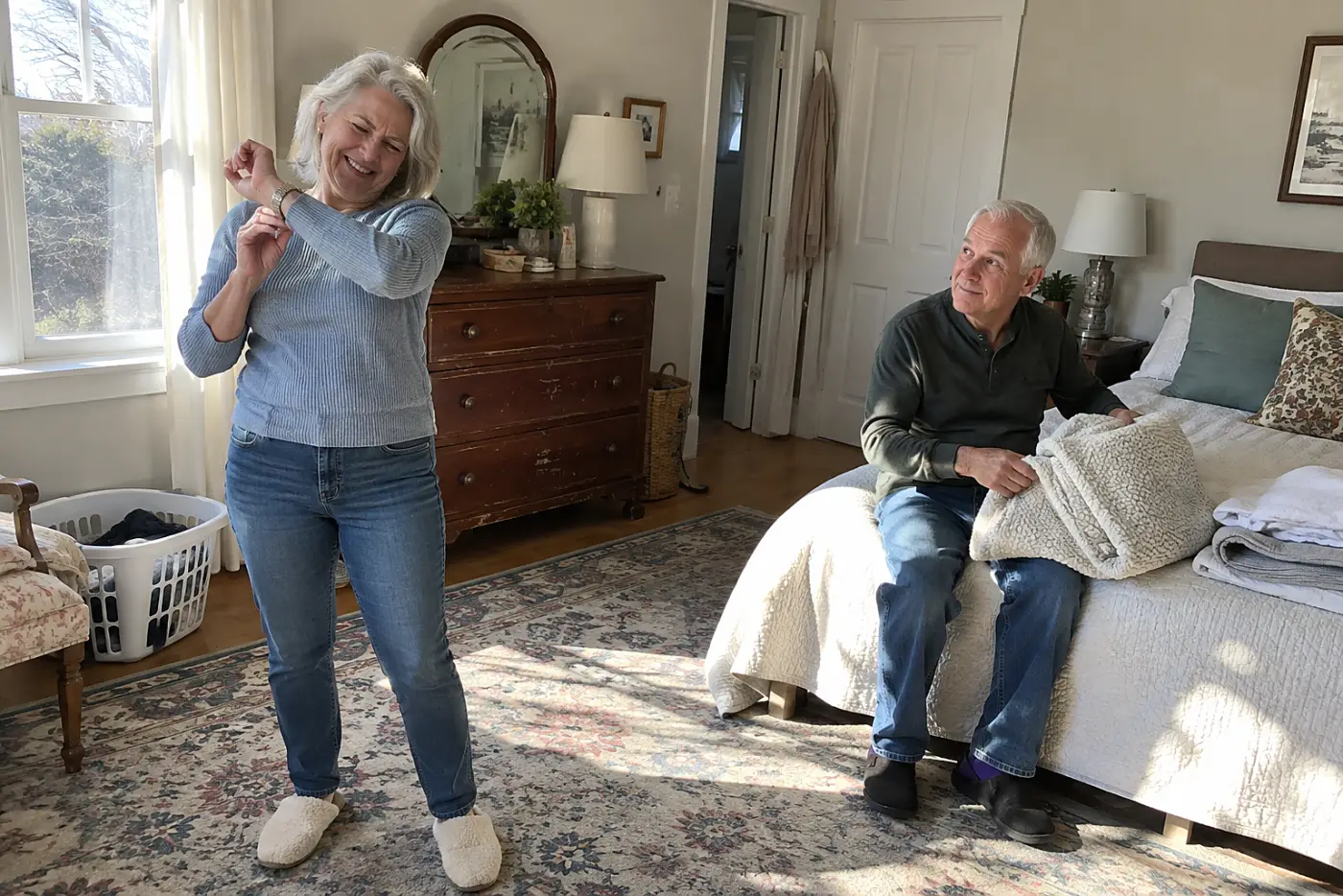 Older woman lifting her arms in a fitted sweater in her bedroom.