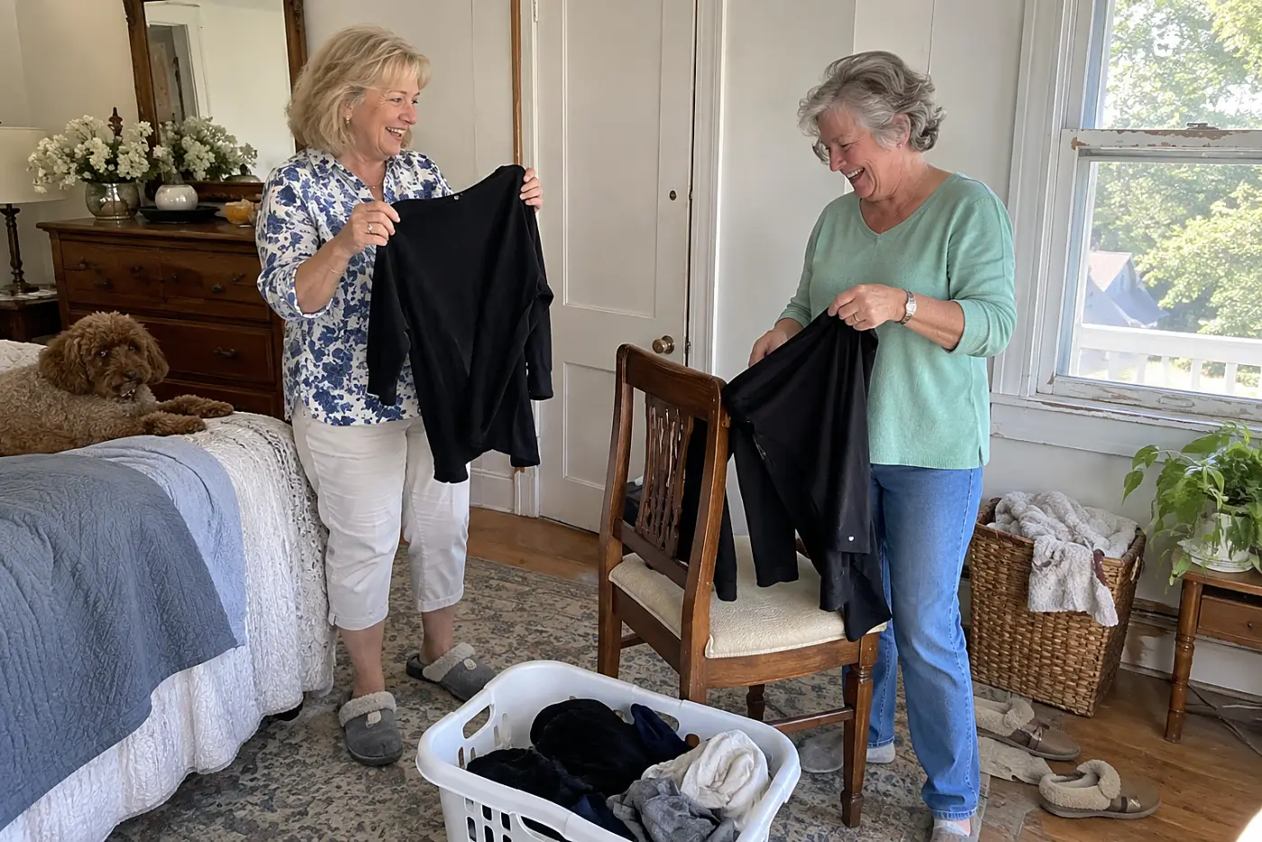 Older woman comparing two black tops in daylight at home.