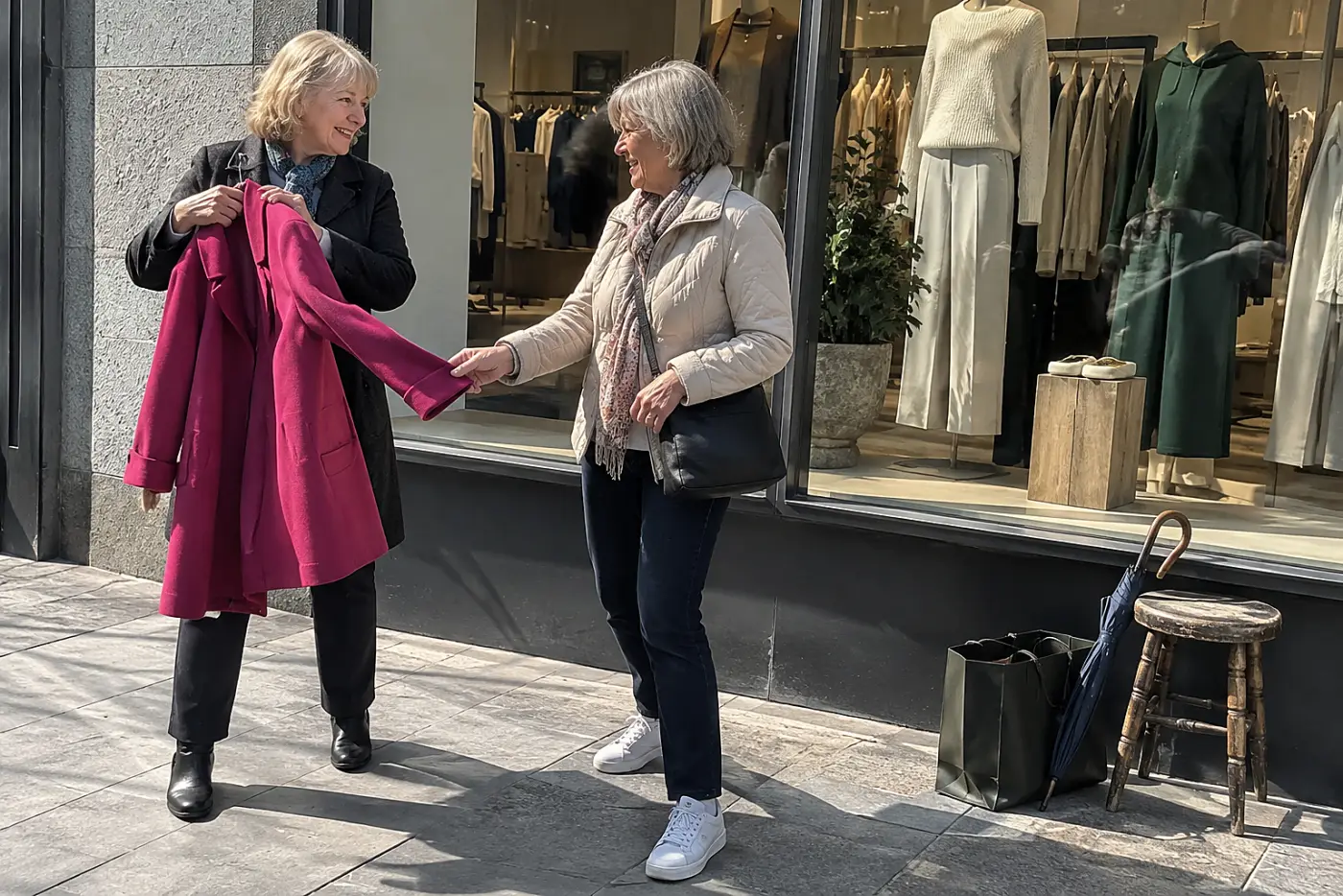 Older woman holding a bright coat beside a clothing store window.
