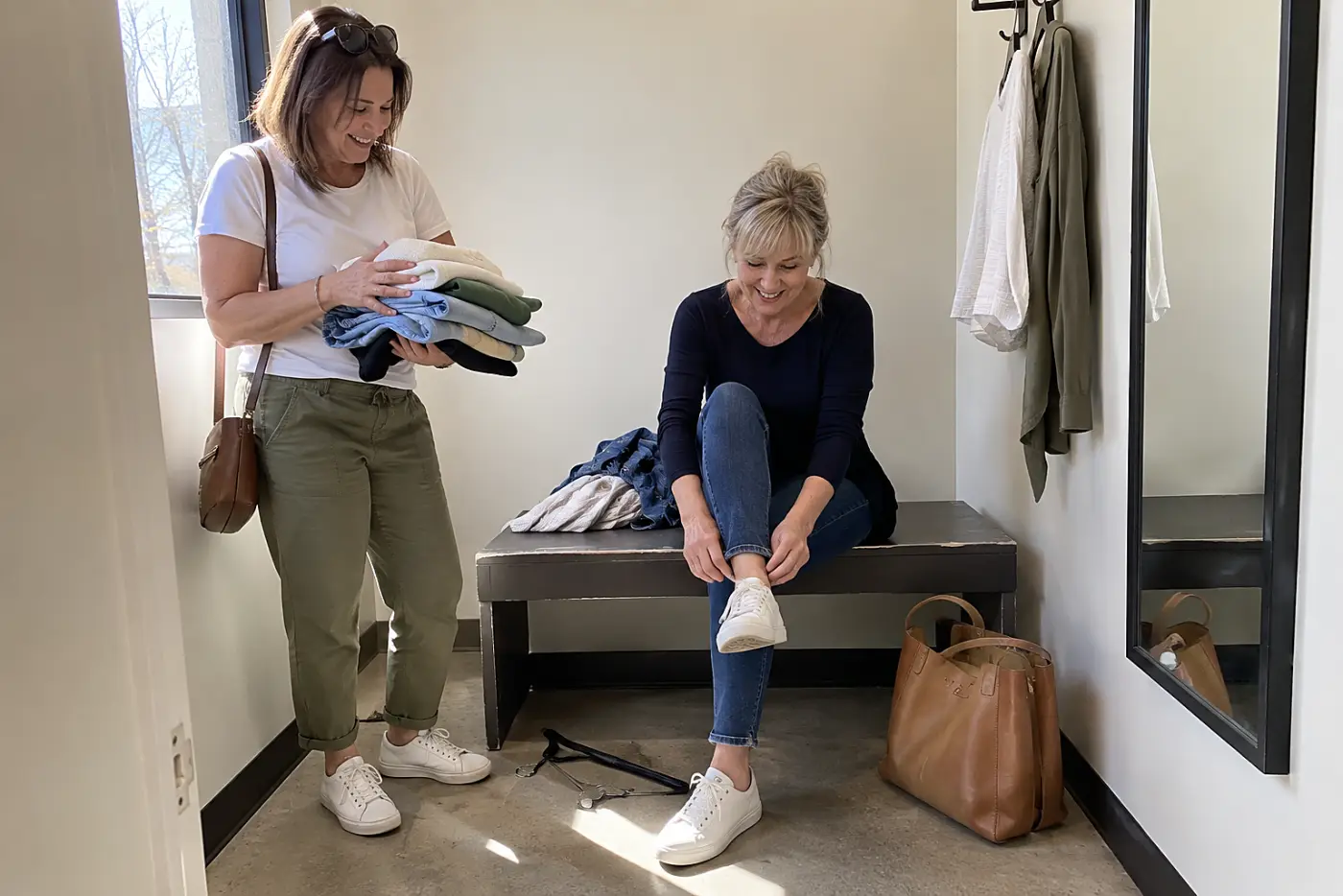 Older woman sitting on a fitting-room bench while trying on narrow-leg jeans.