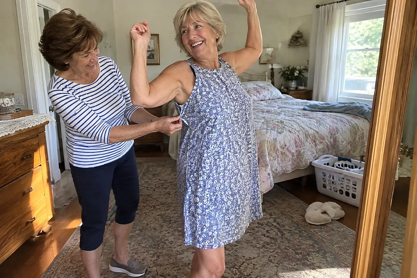 Older woman raising her arms in a sleeveless dress before a bedroom mirror.