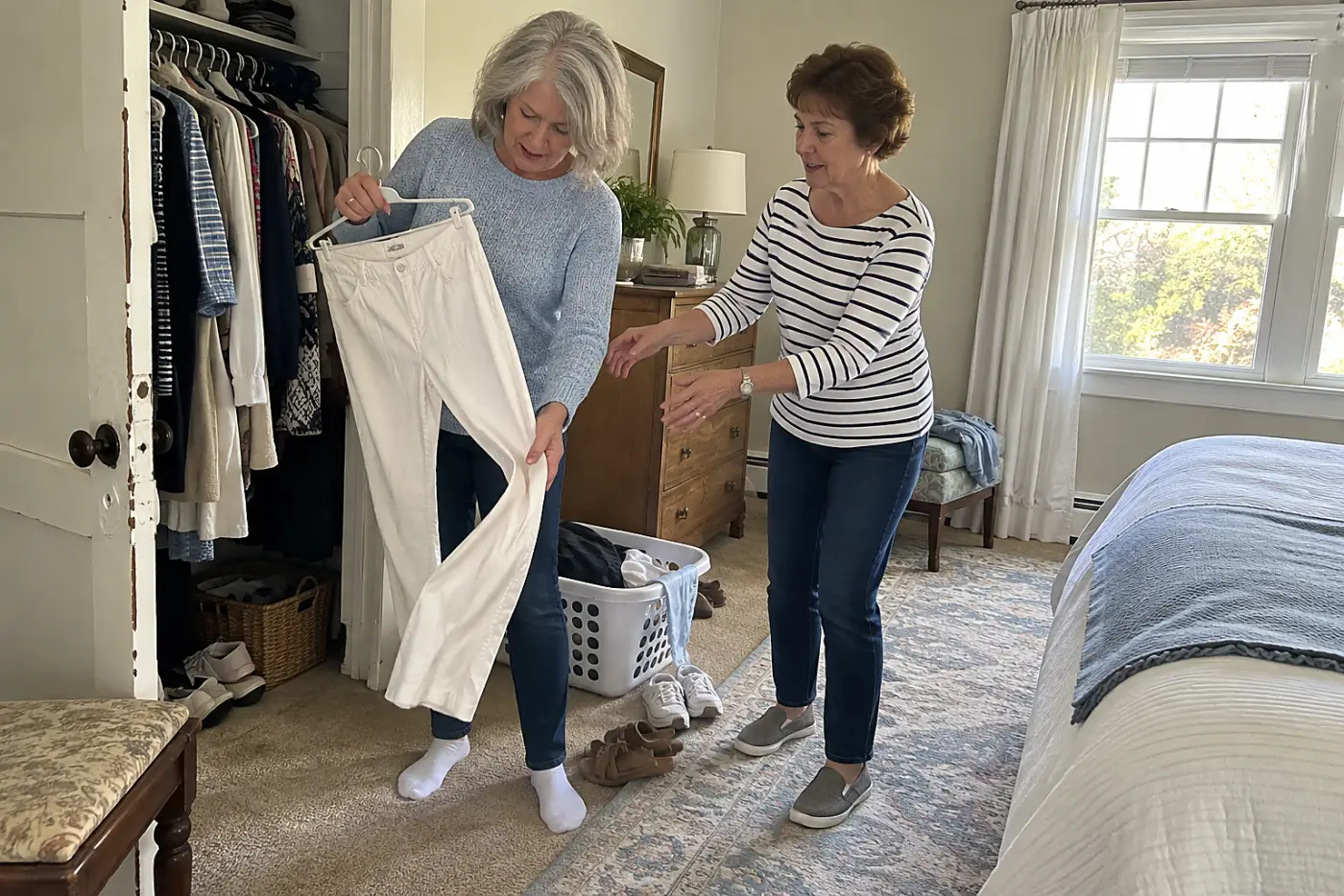 Older woman pairing white pants with a sweater in her bedroom.