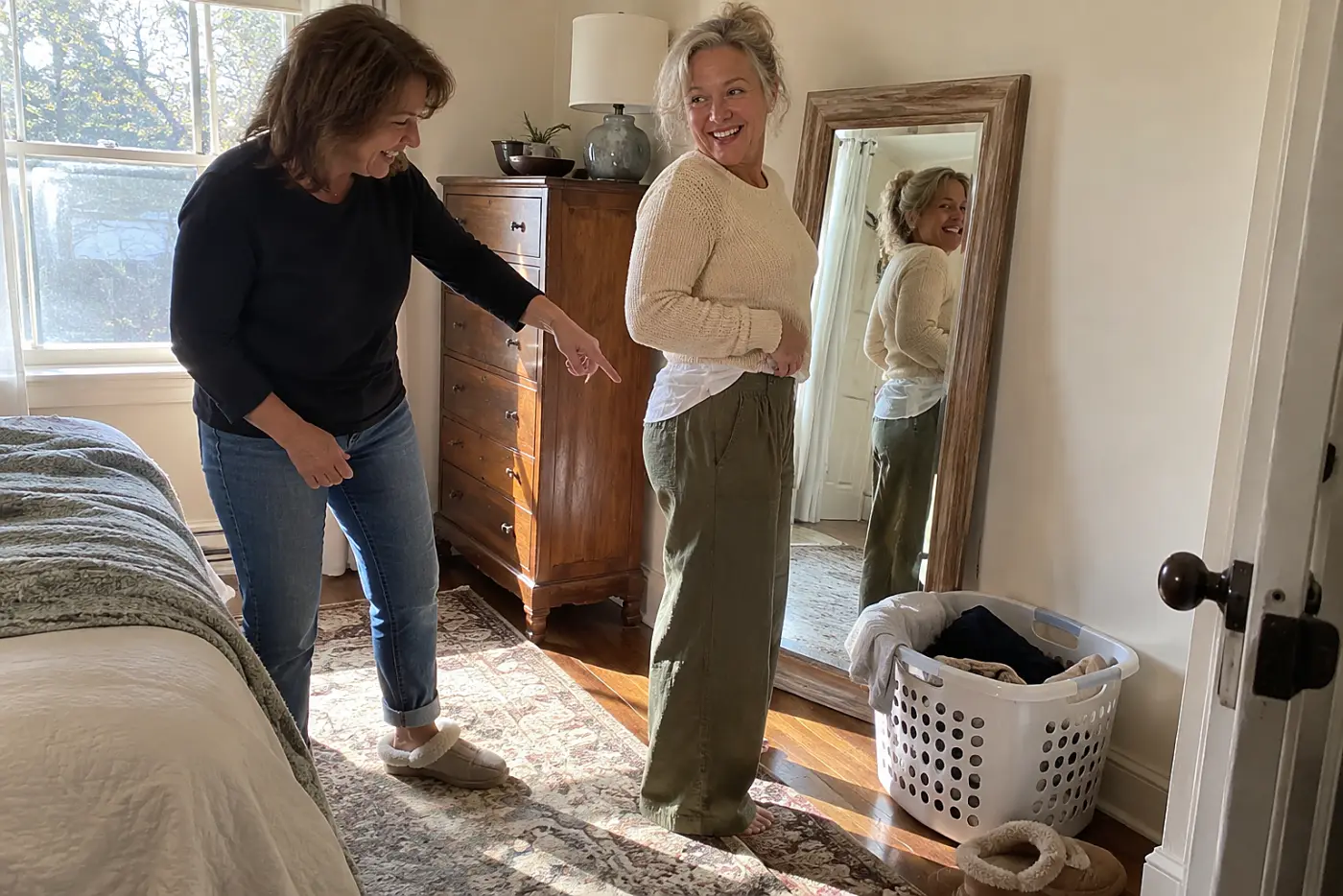 Older woman trying a crop top with high-waisted pants before a mirror.