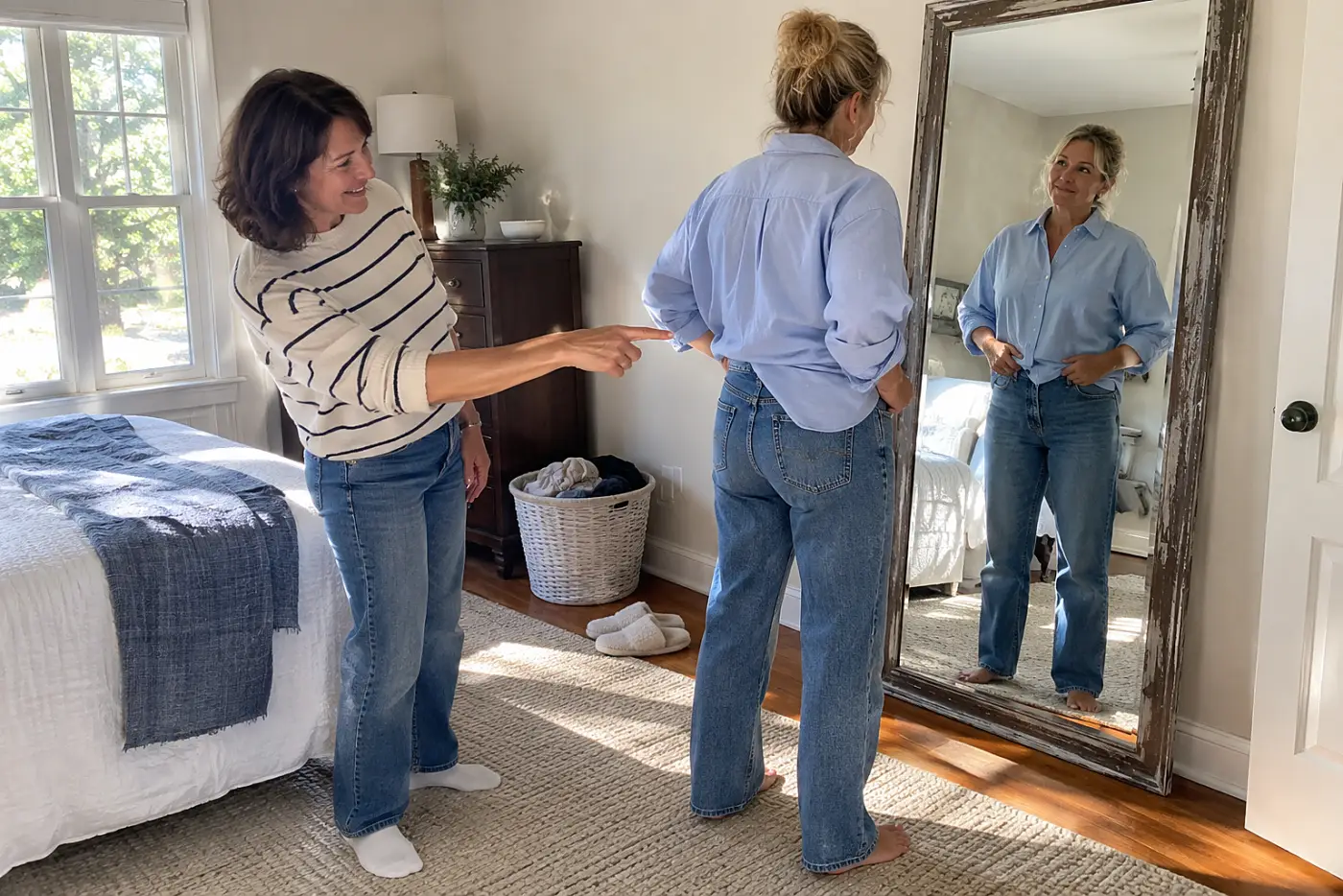 Older woman trying an oversized shirt with a partial tuck before a mirror.