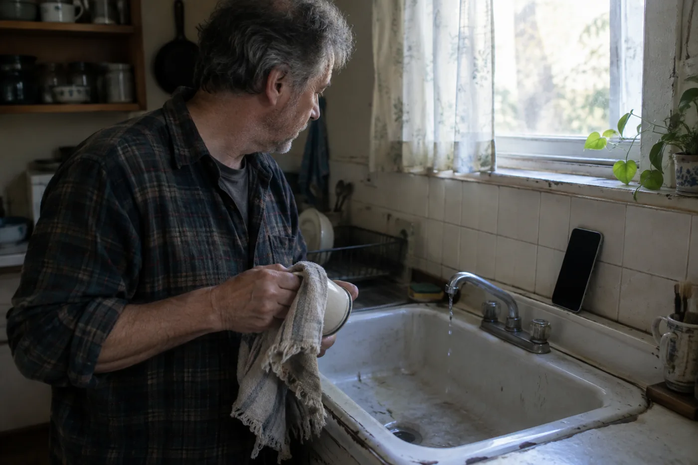 Man drying a mug at the sink beside a dark phone propped against the tile