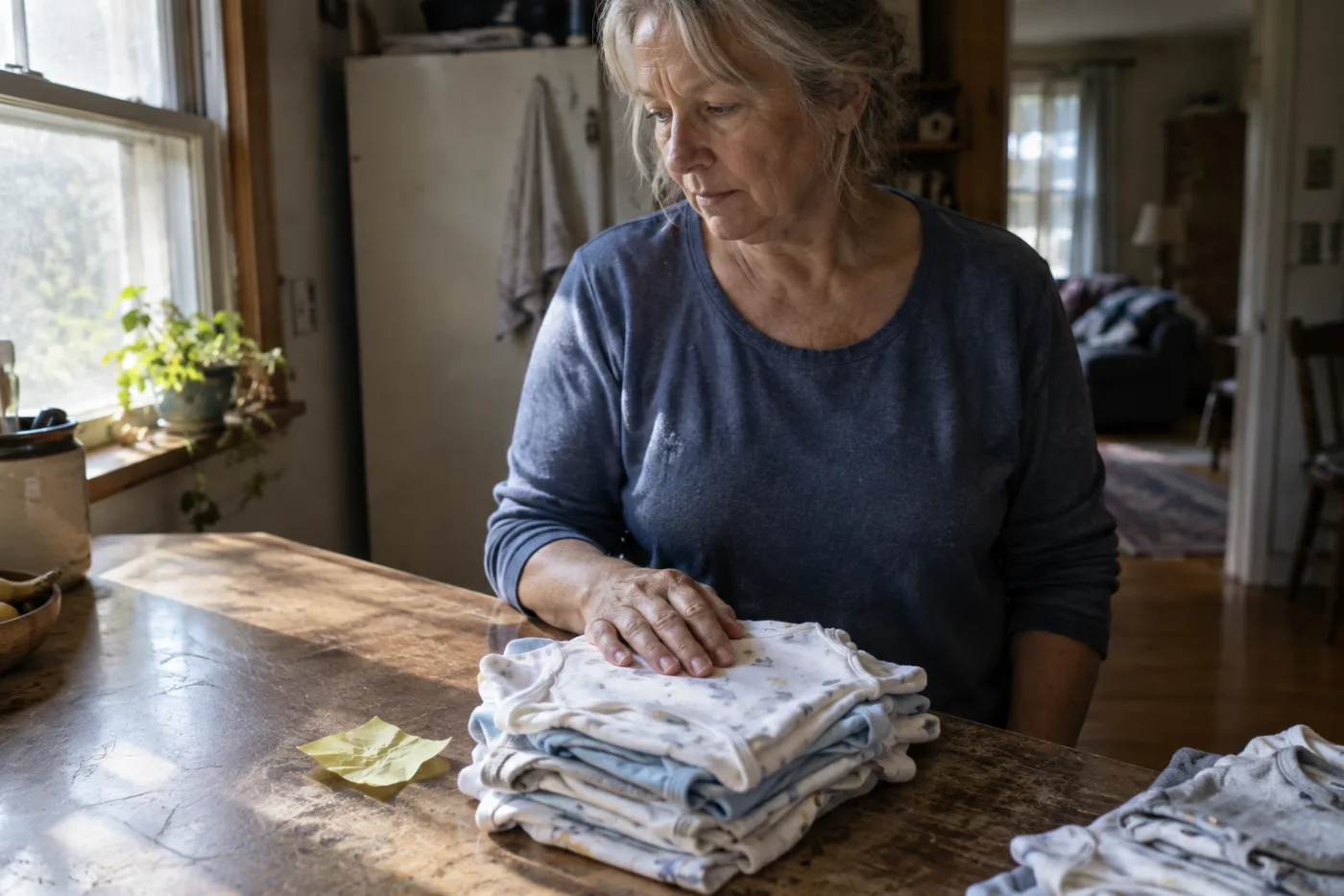 Woman folding baby clothes at a counter beside a crumpled note with a phone number