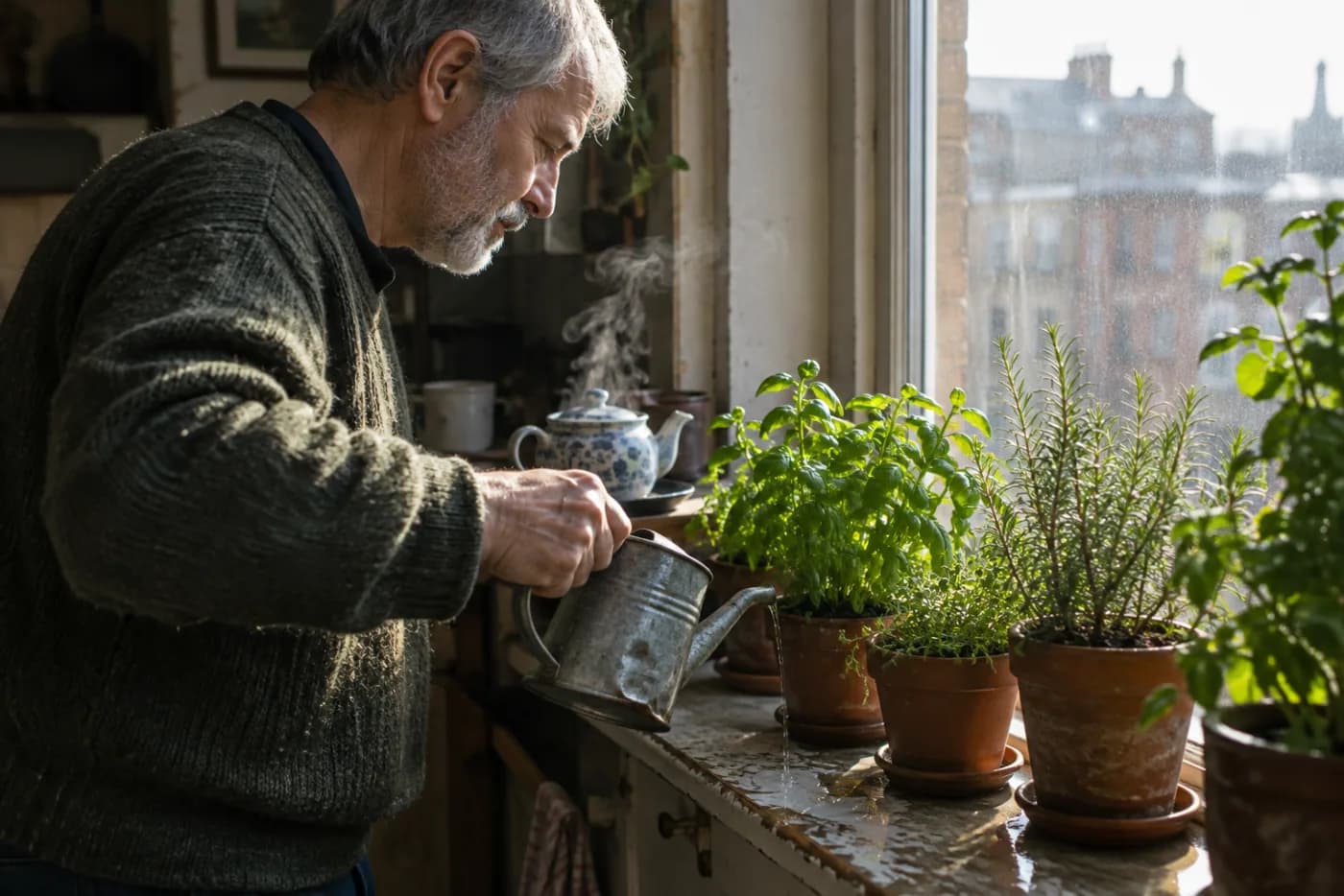 Man watering windowsill herbs with a dented can beside a steaming teapot