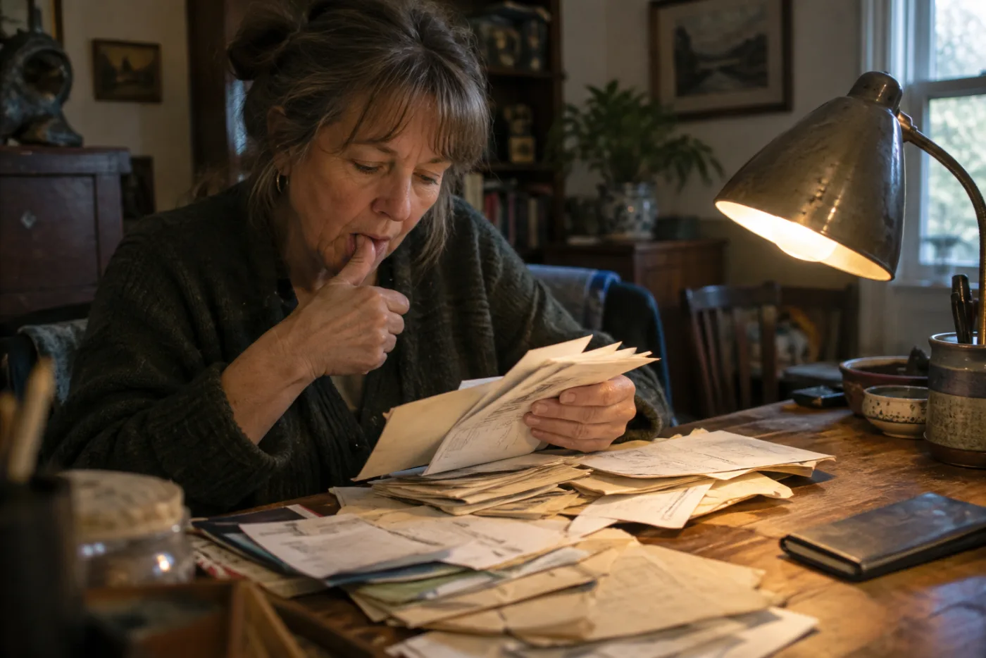 Woman sorting receipts and envelopes at a cluttered desk under a bent lamp