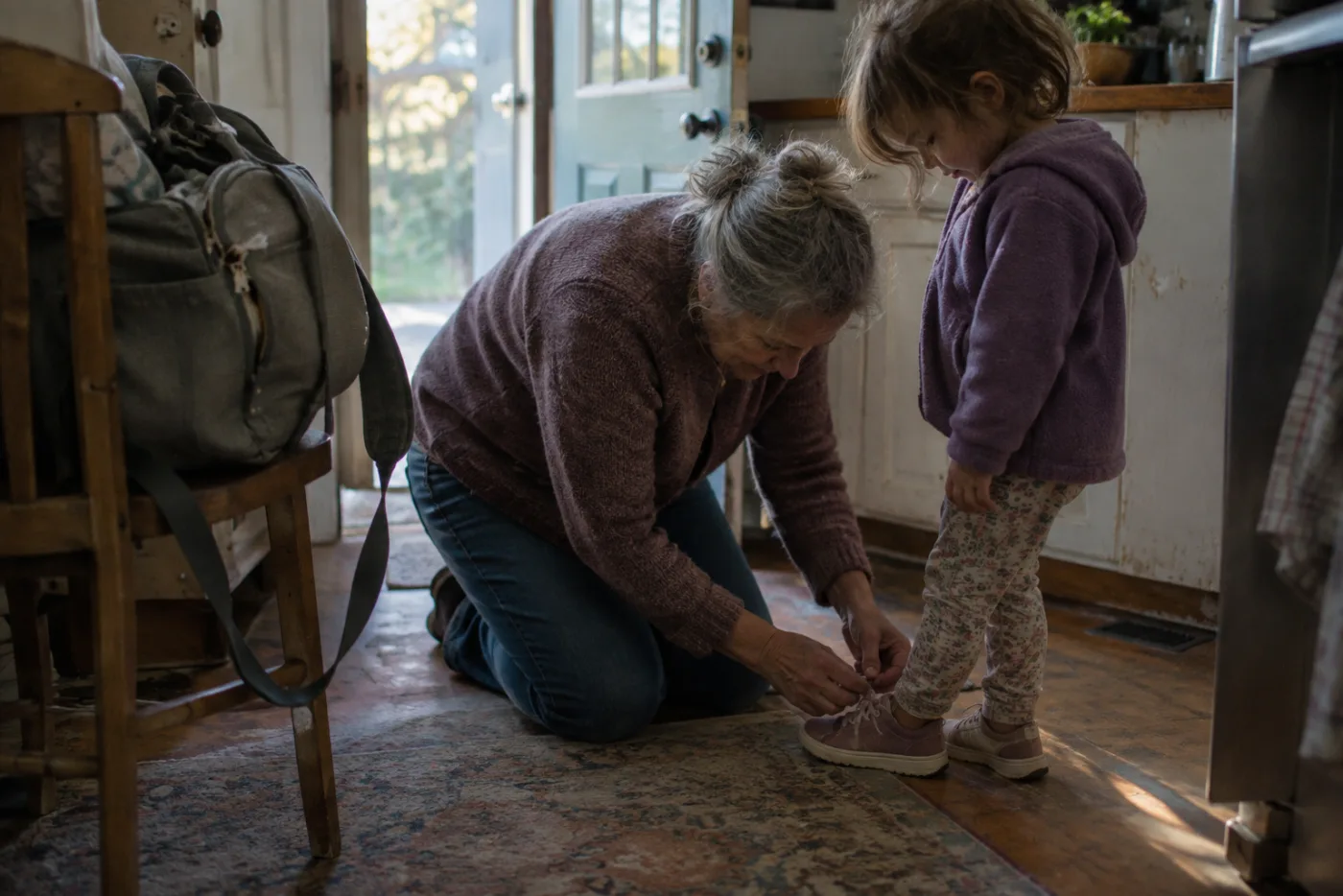 Grandmother kneeling to tie a child's shoelace beside a diaper bag with a broken zipper