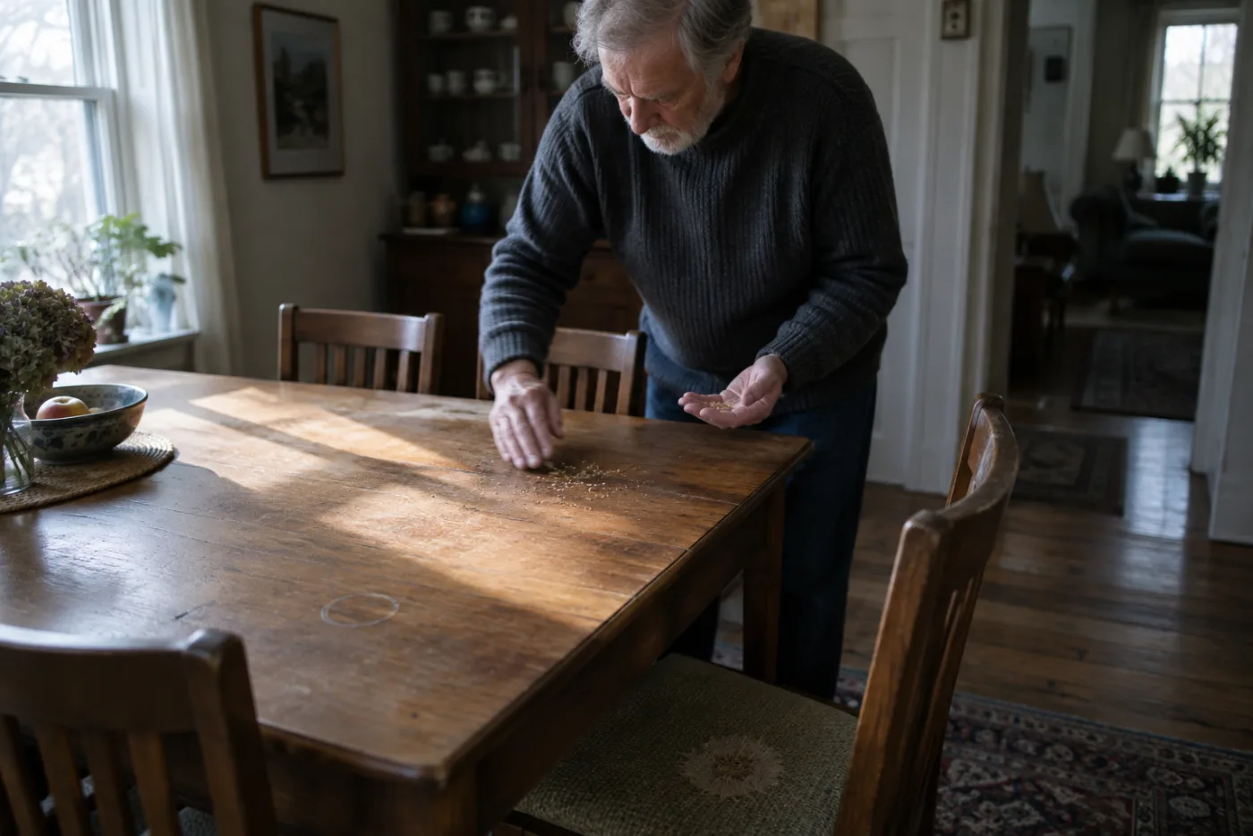 Man sweeping crumbs off a dining table surrounded by pushed-in, empty chairs