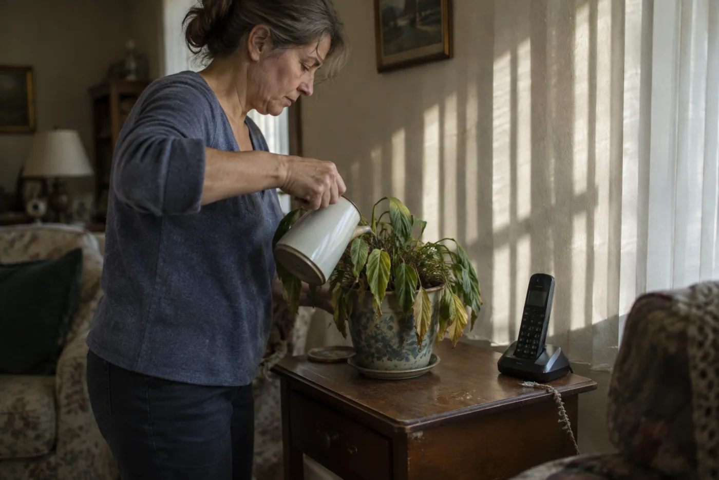 Woman watering a houseplant beside an untouched landline phone in its cradle