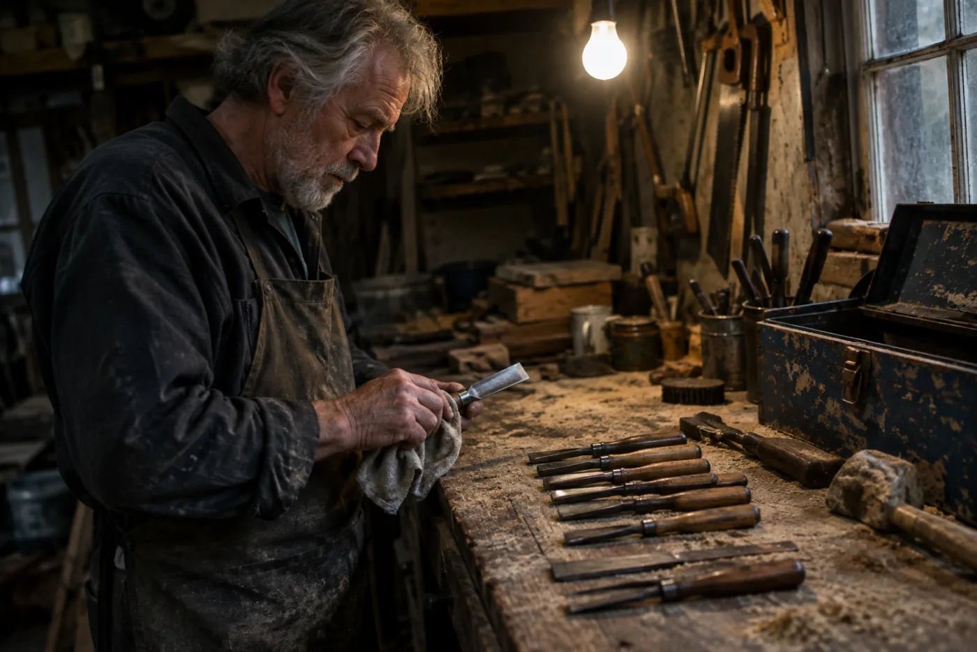 Man polishing unused tools on a dusty workbench under a bare hanging bulb
