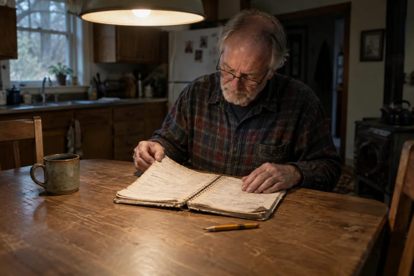 Man flipping through a worn spiral notebook of handwritten notes at a table