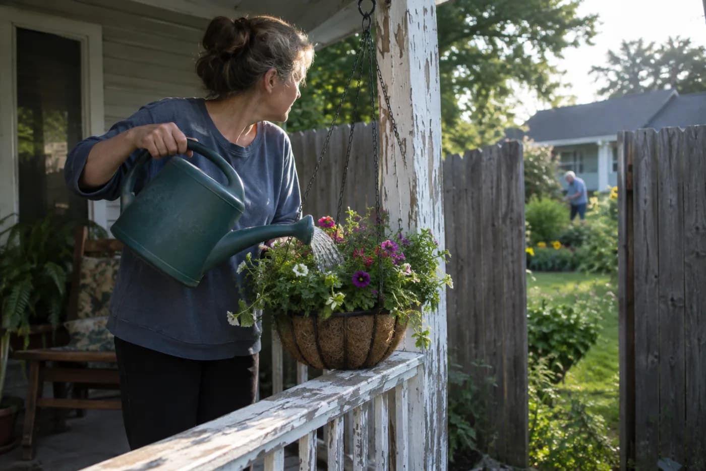 Woman watering a porch hanging basket while glancing through a gap in a fence