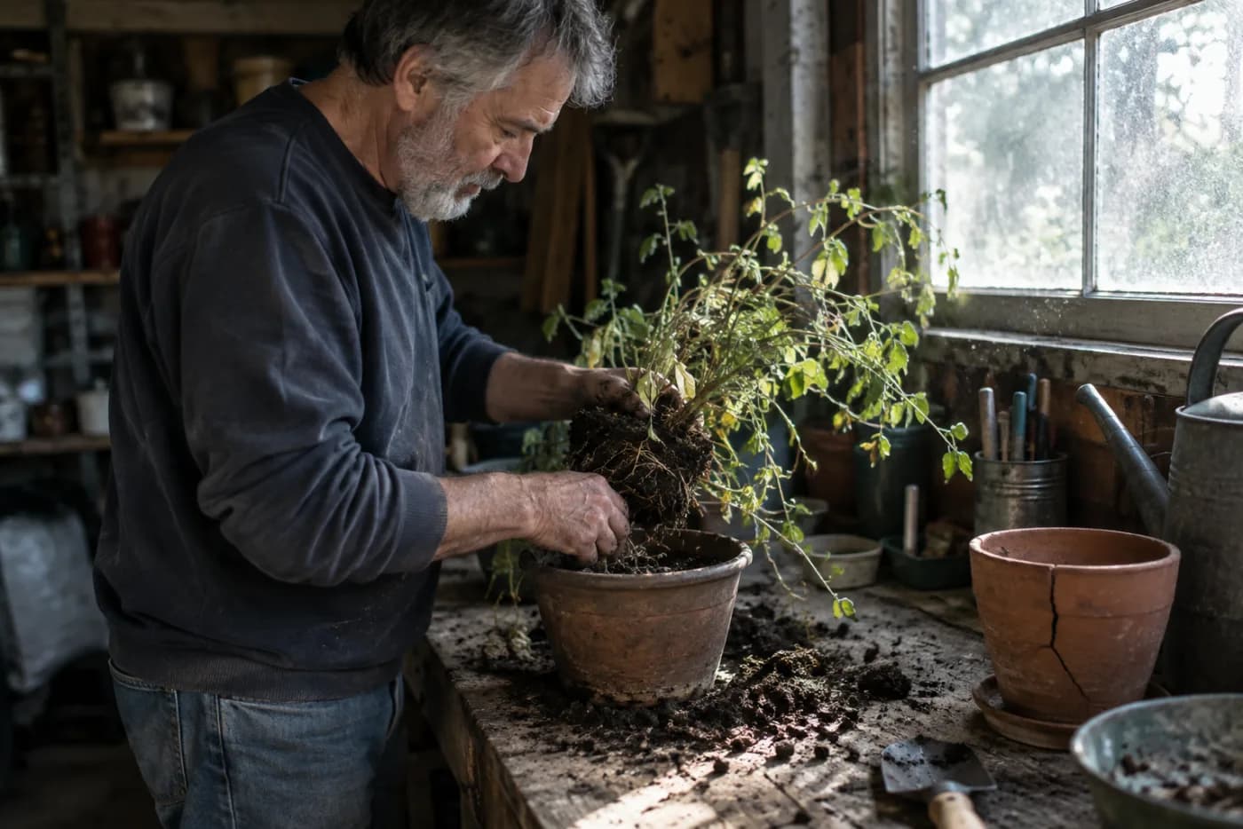 Man repotting a plant on a soil-scattered garage bench near a cracked terracotta pot