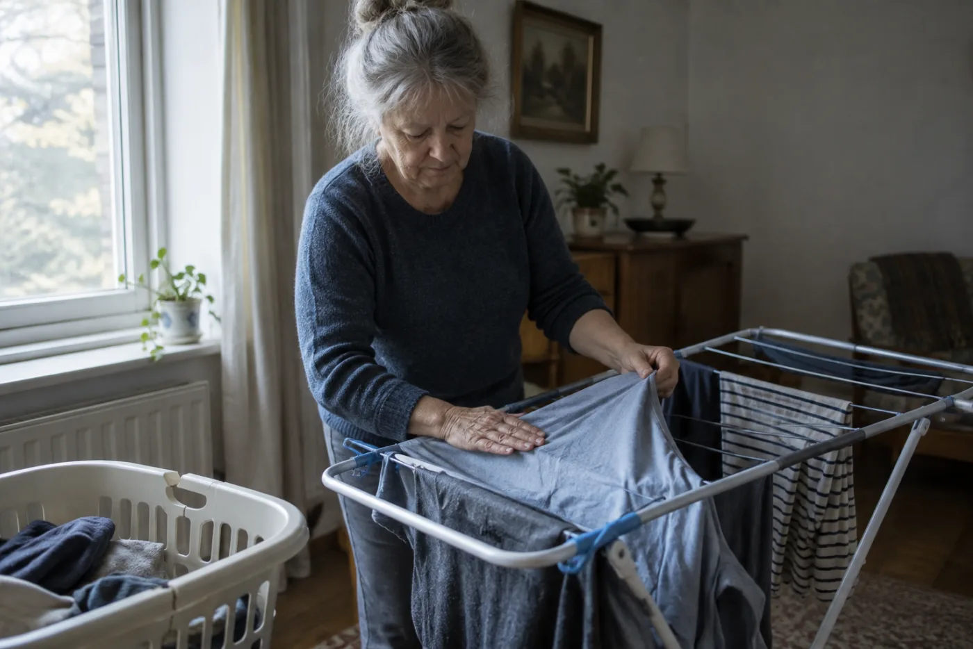 Woman hanging her own laundry on a half-empty drying rack near a cracked basket