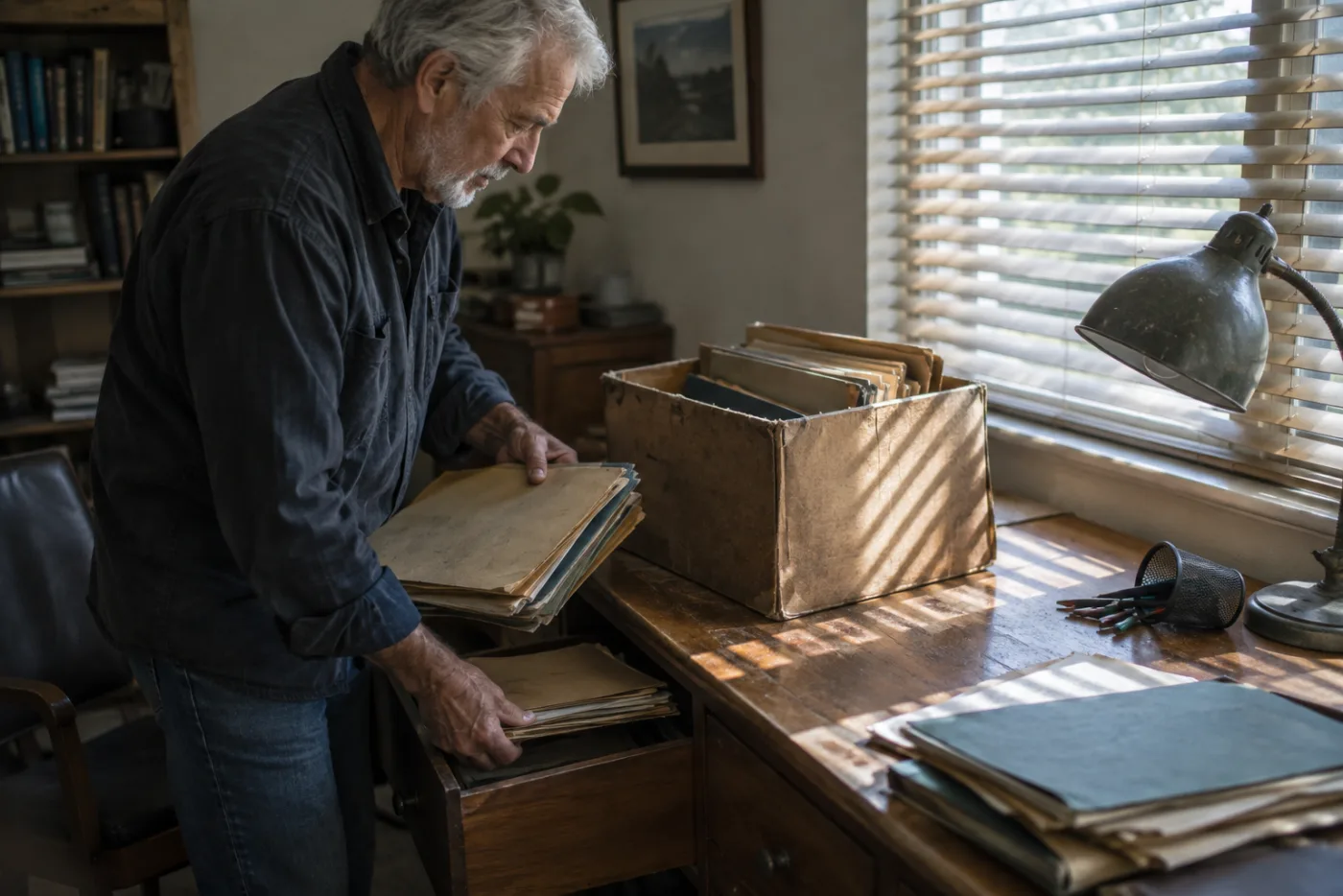 Man packing old work folders into a frayed box at a half-cleared desk