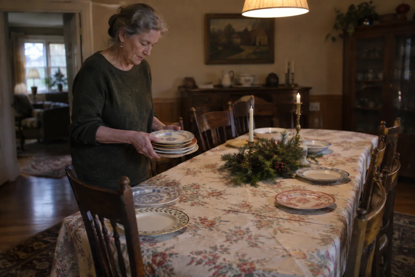 Woman counting mismatched plates at a holiday table with a visible extended seam