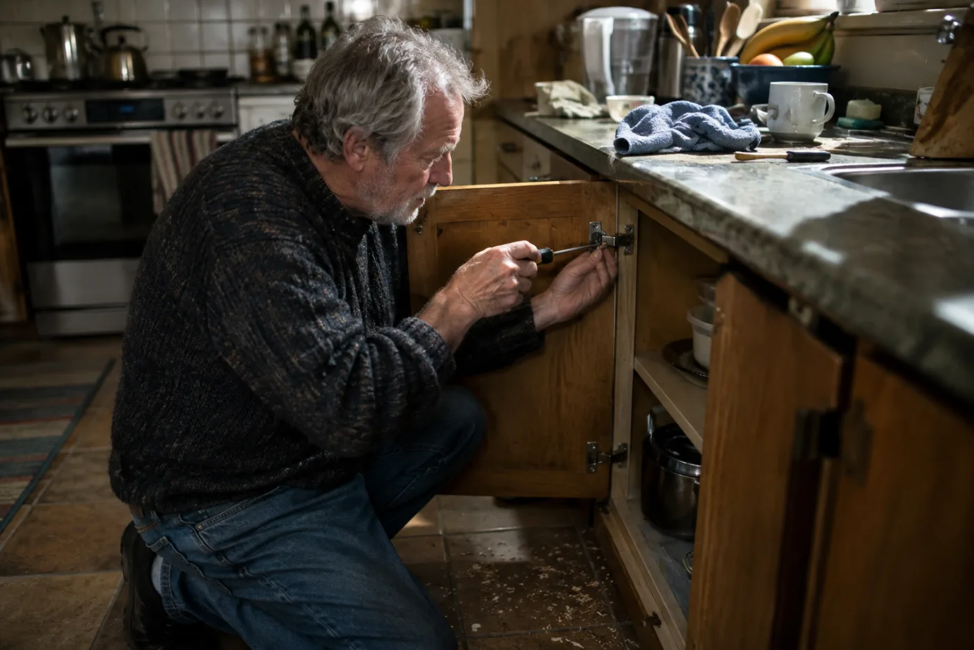 Man tightening a hinge on a working cabinet door amid scattered wood shavings