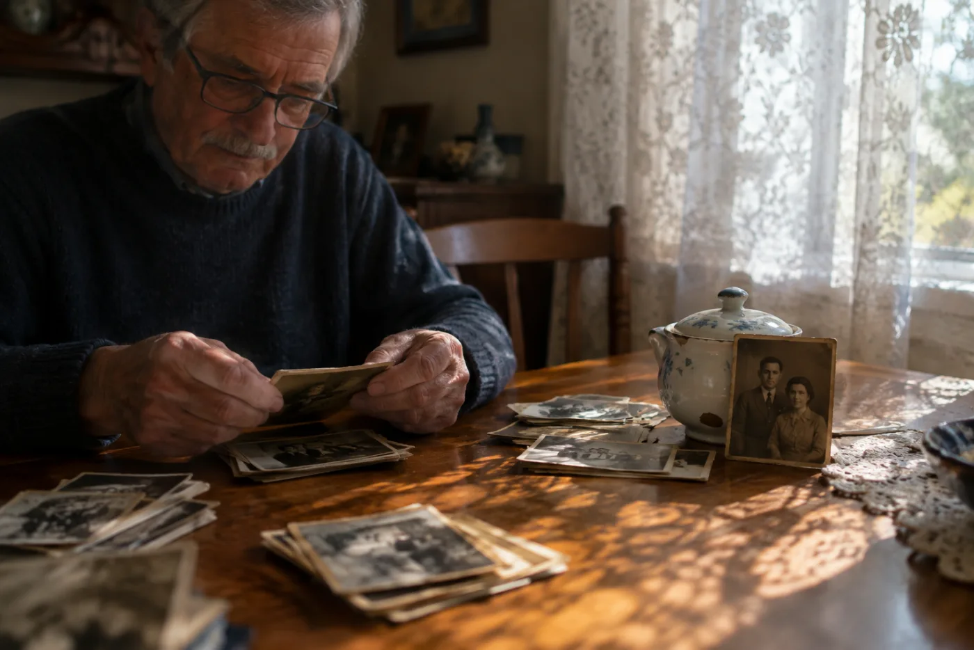 Man sorting old photographs at a table beside a faded picture of his own parents