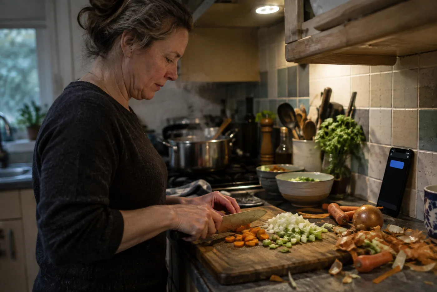 Woman chopping vegetables beside a phone propped on the backsplash with steam rising nearby