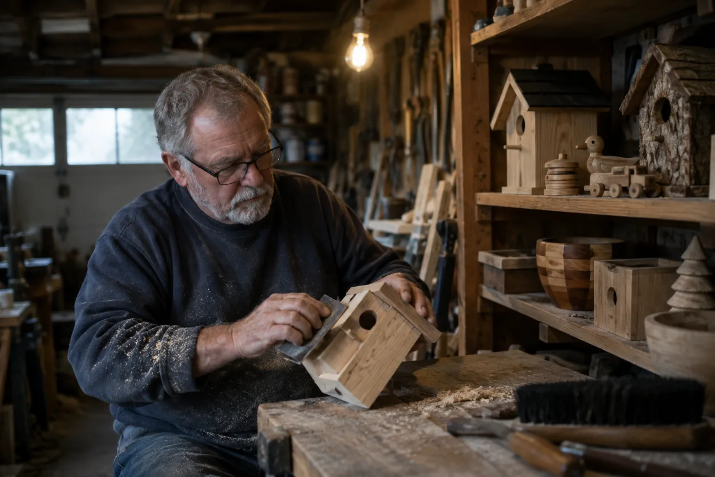 Man sanding a birdhouse on a workbench crowded with other finished wooden projects