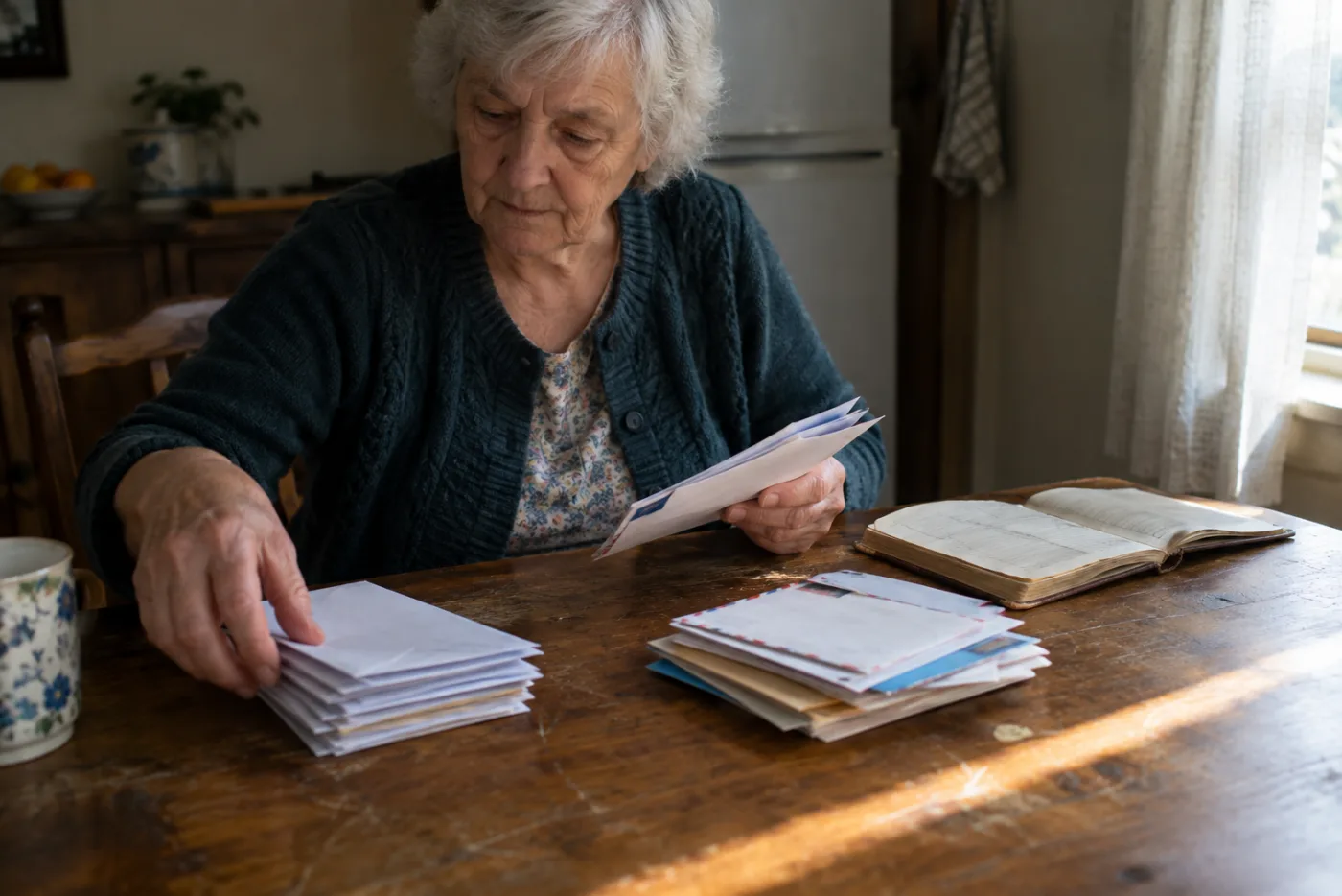 Woman sorting mail into two piles at a table beside an open worn address book