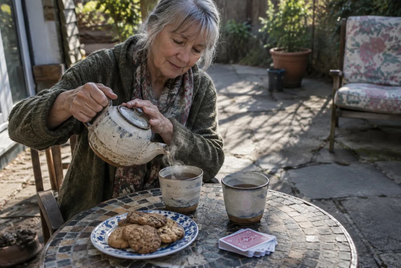 Woman pouring tea for two on a patio beside cards and cookies on a faded cushion