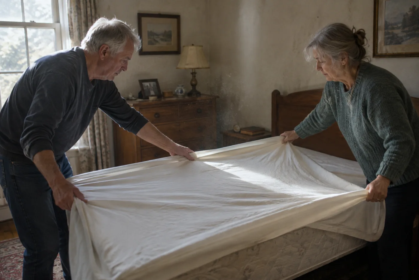 Couple stretching a bedsheet together over a mattress, hands meeting at the center