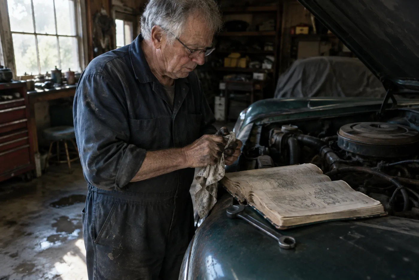 Man wiping greasy hands while reading a cracked manual beside a wrench on a car fender