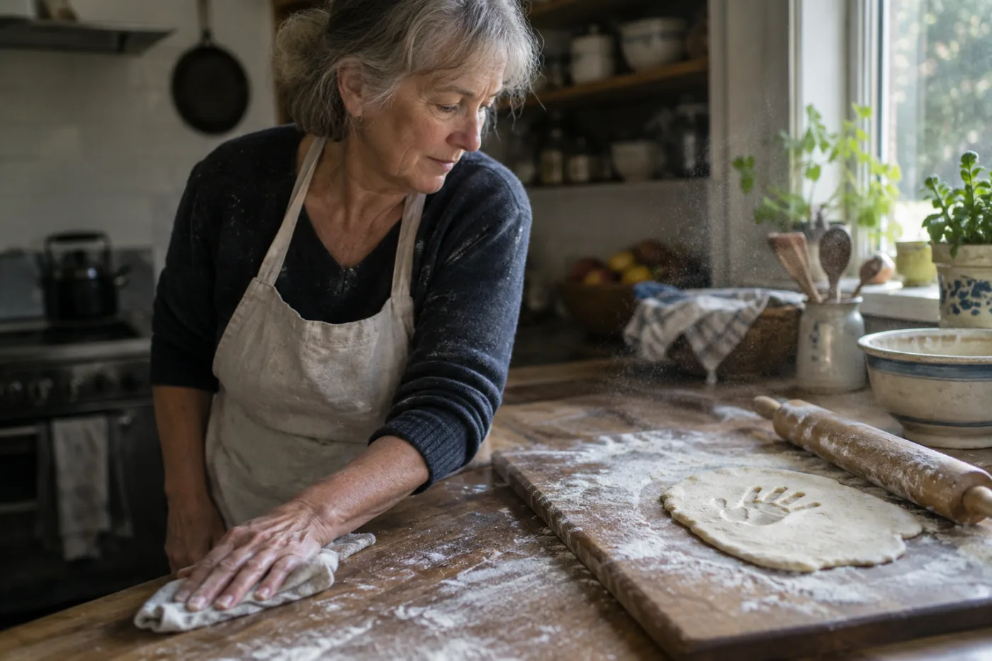 Woman wiping a floury counter beside a small handprint pressed into leftover dough