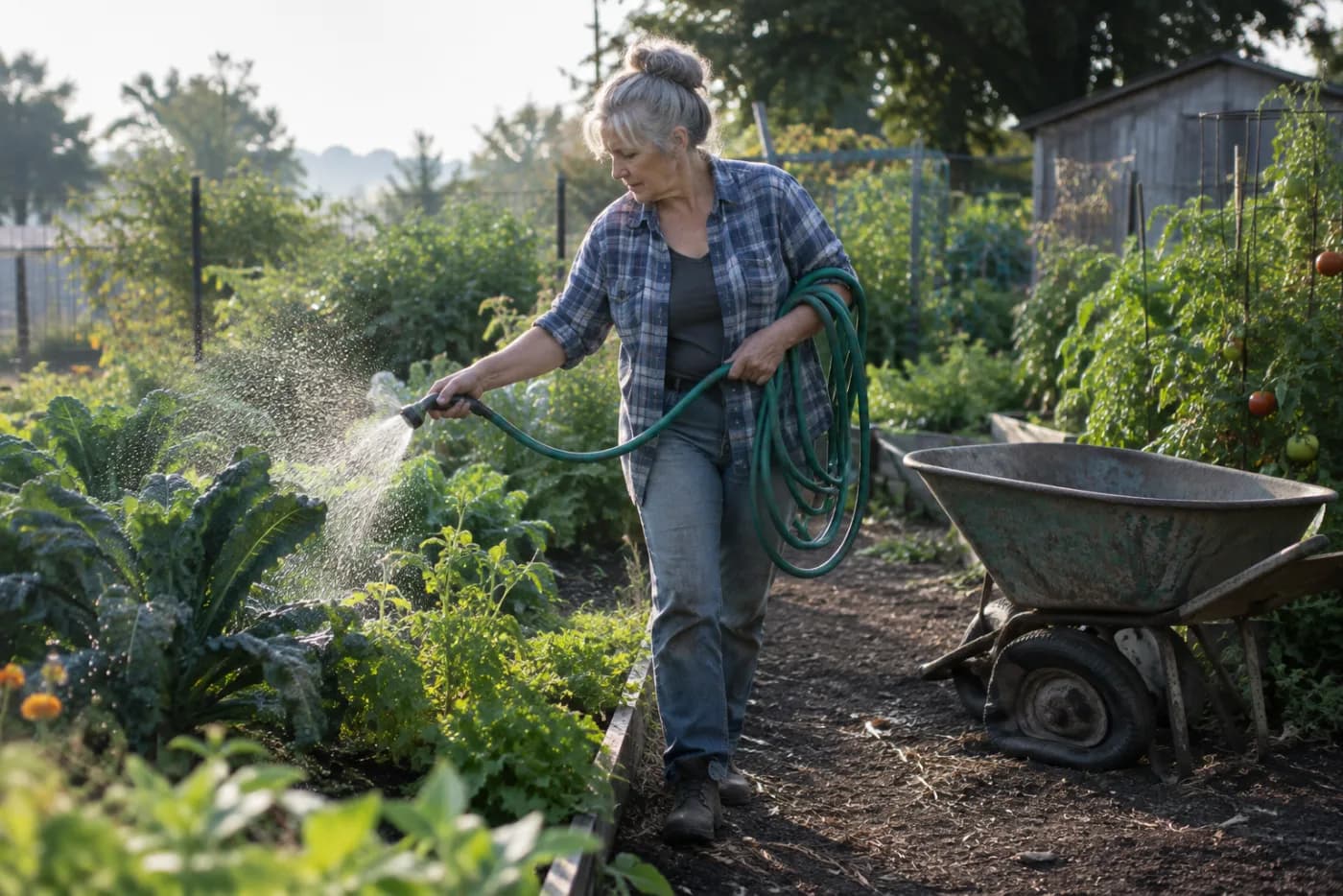 Woman watering a community garden plot, coiling hose, beside a flat-tired wheelbarrow