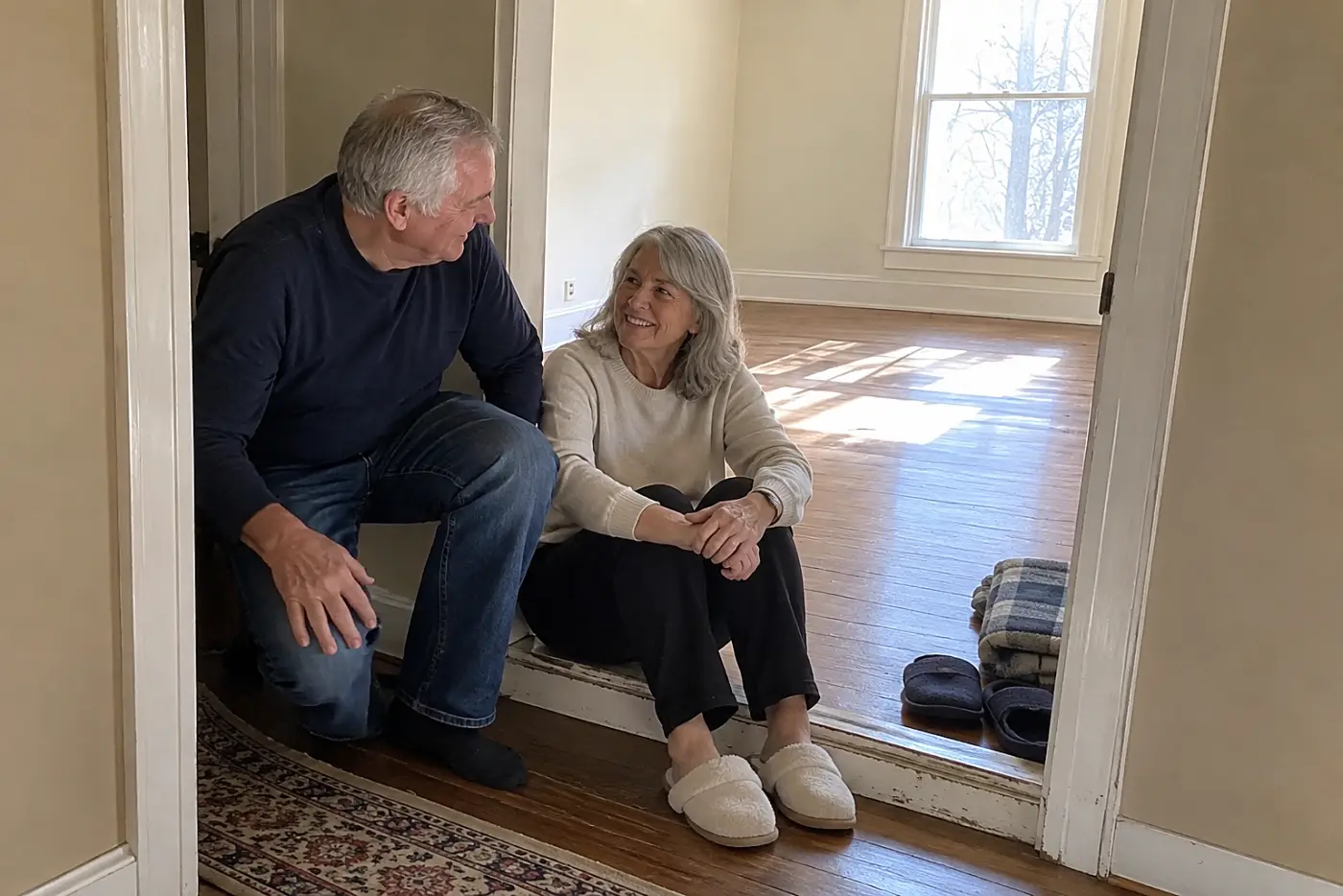 Older couple sitting together in the doorway of an unused bedroom.